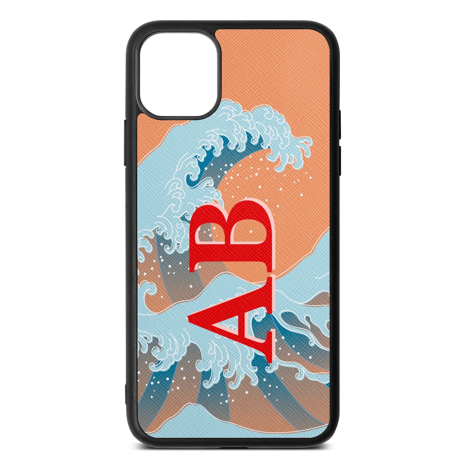 Custom Wave Initials Orange Saffiano Leather iPhone 11 Pro Max Case