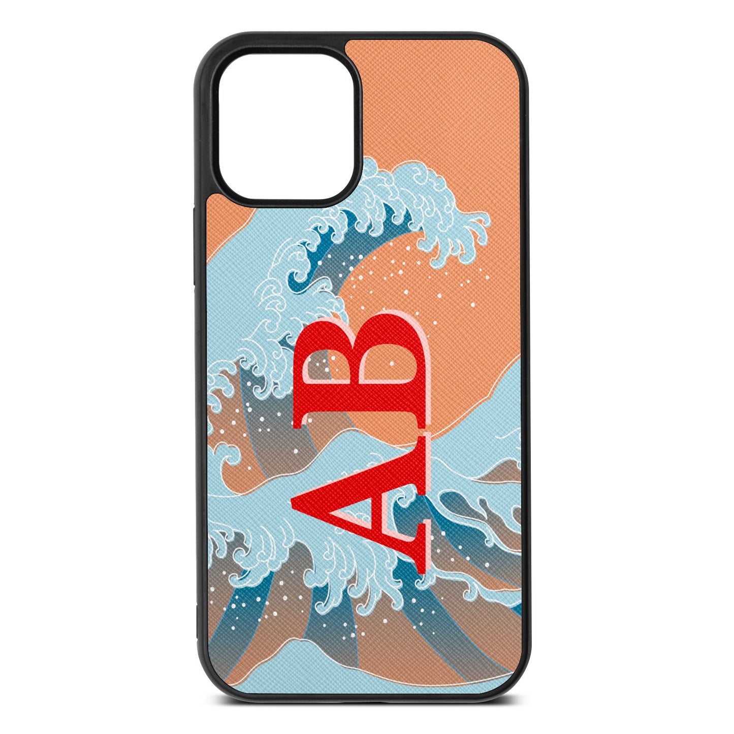 Custom Wave Initials Orange Saffiano Leather iPhone 12 Case