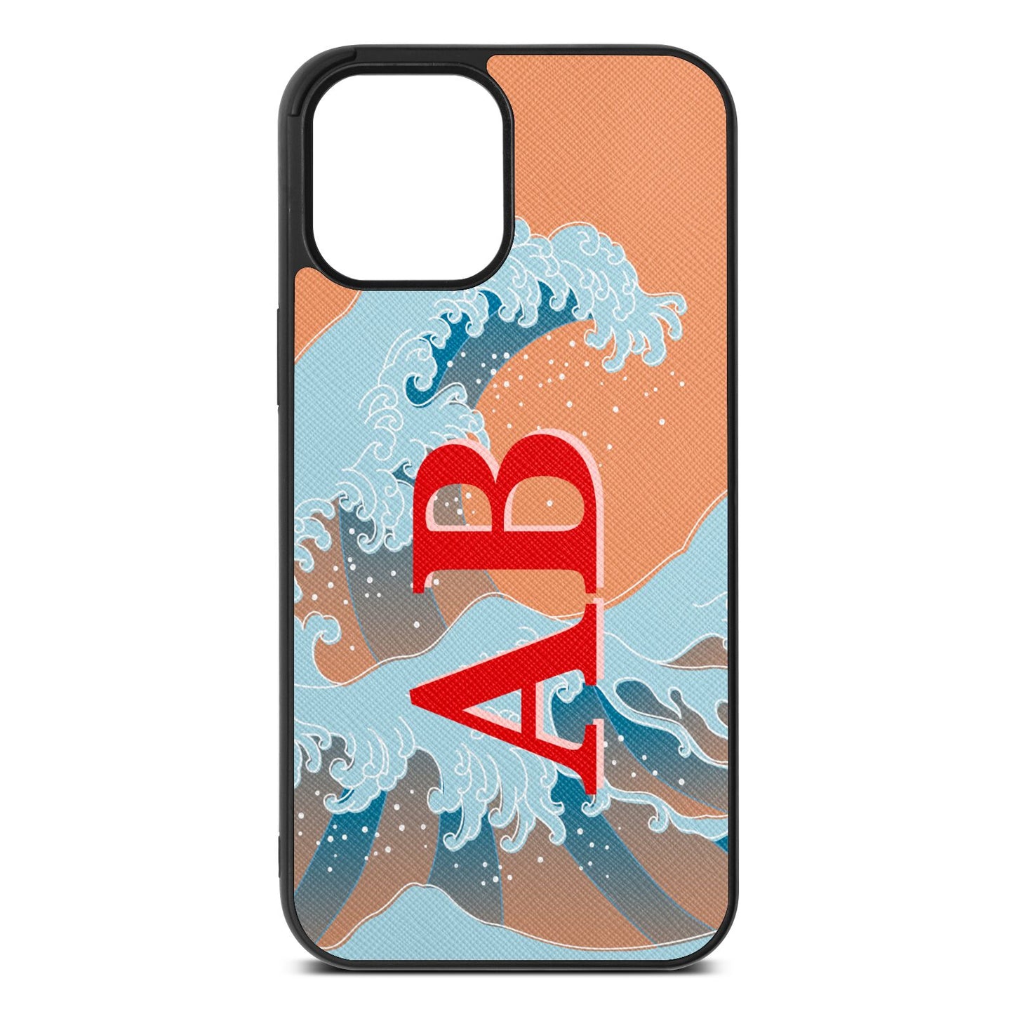 Custom Wave Initials Orange Saffiano Leather iPhone 12 Pro Max Case