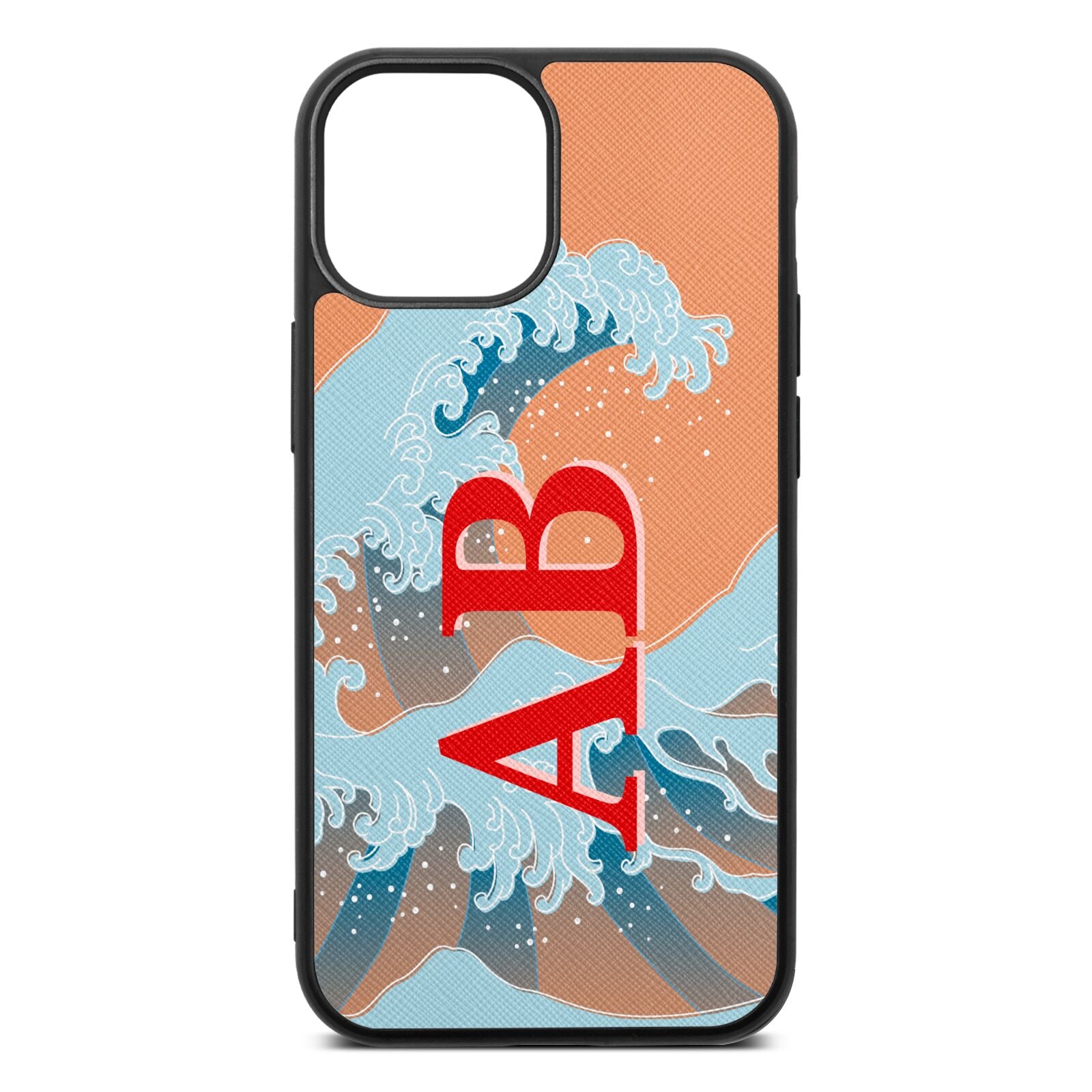 Custom Wave Initials Orange Saffiano Leather iPhone 13 Mini Case