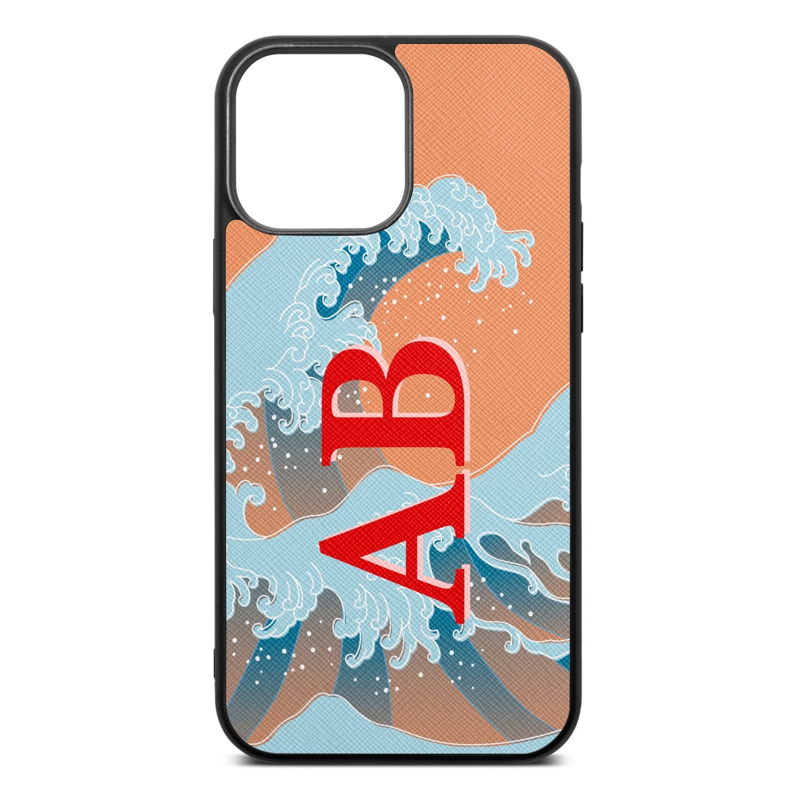 Custom Wave Initials Orange Saffiano Leather iPhone 13 Pro Max Case