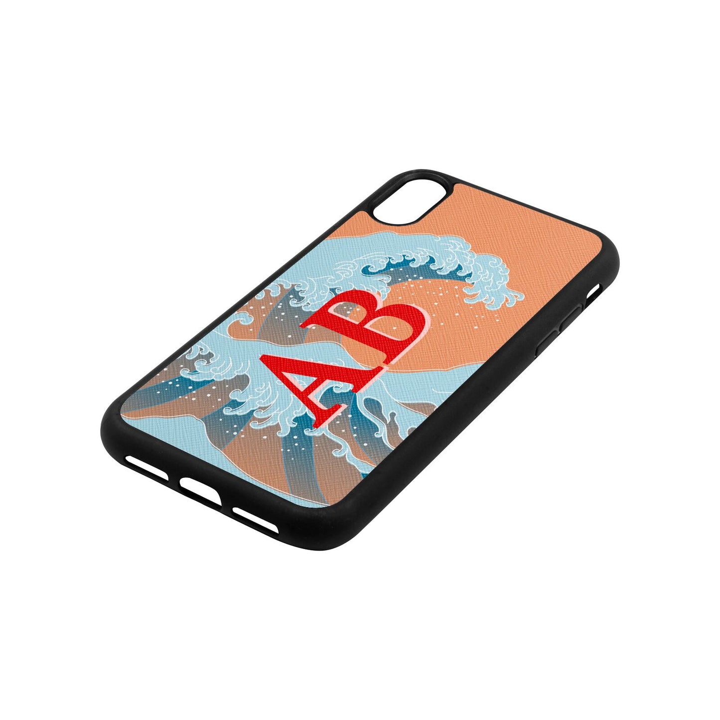 Custom Wave Initials Orange Saffiano Leather iPhone Xr Case Side Angle