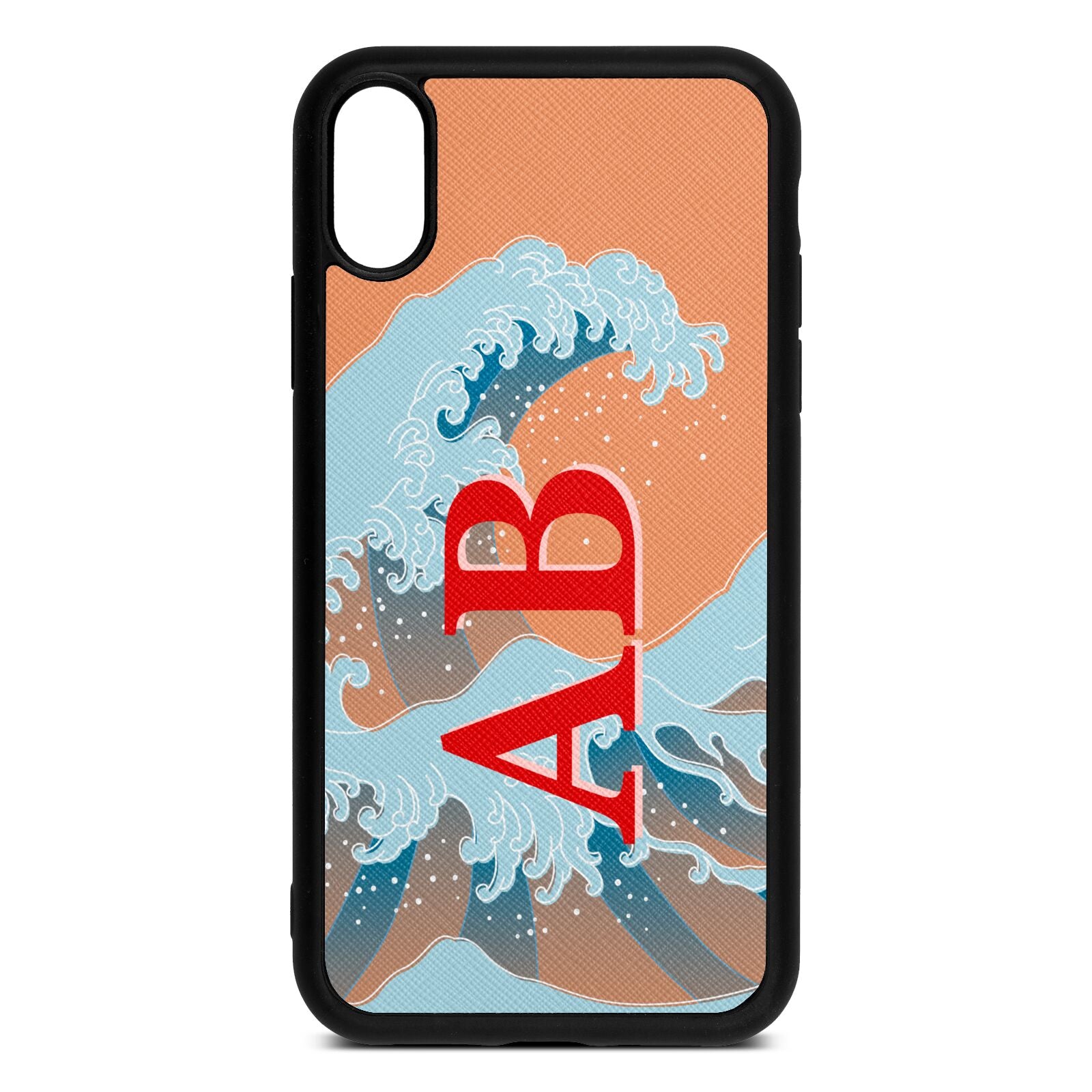 Custom Wave Initials Orange Saffiano Leather iPhone Xr Case