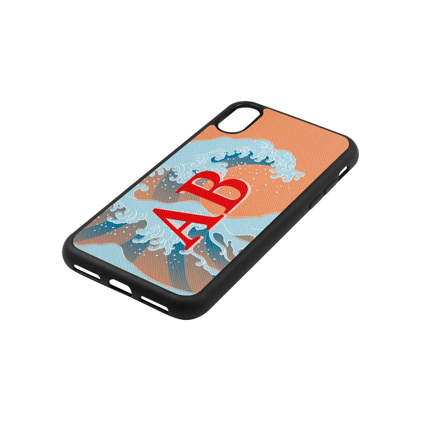 Custom Wave Initials Orange Saffiano Leather iPhone Xs Case Side Image