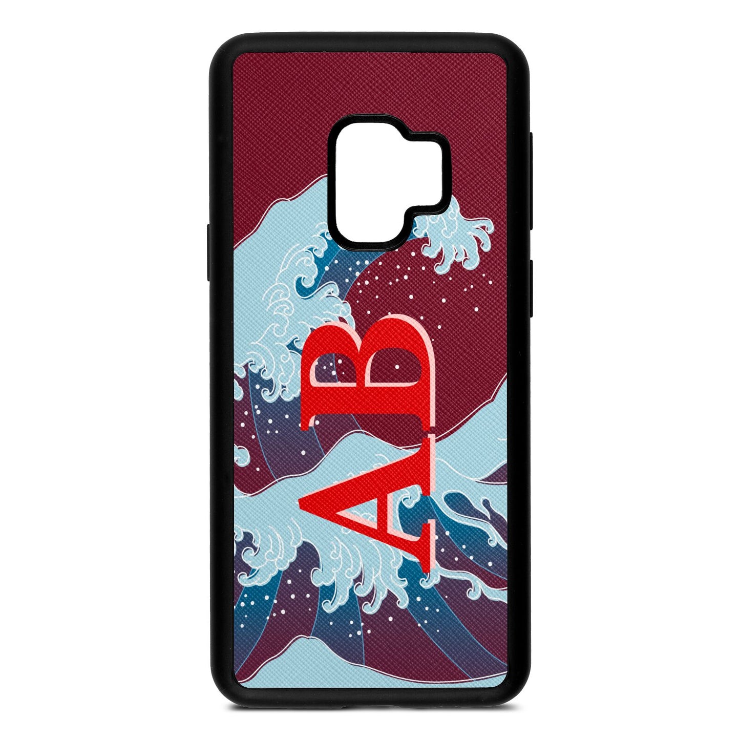 Custom Wave Initials Wine Red Saffiano Leather Samsung S9 Case