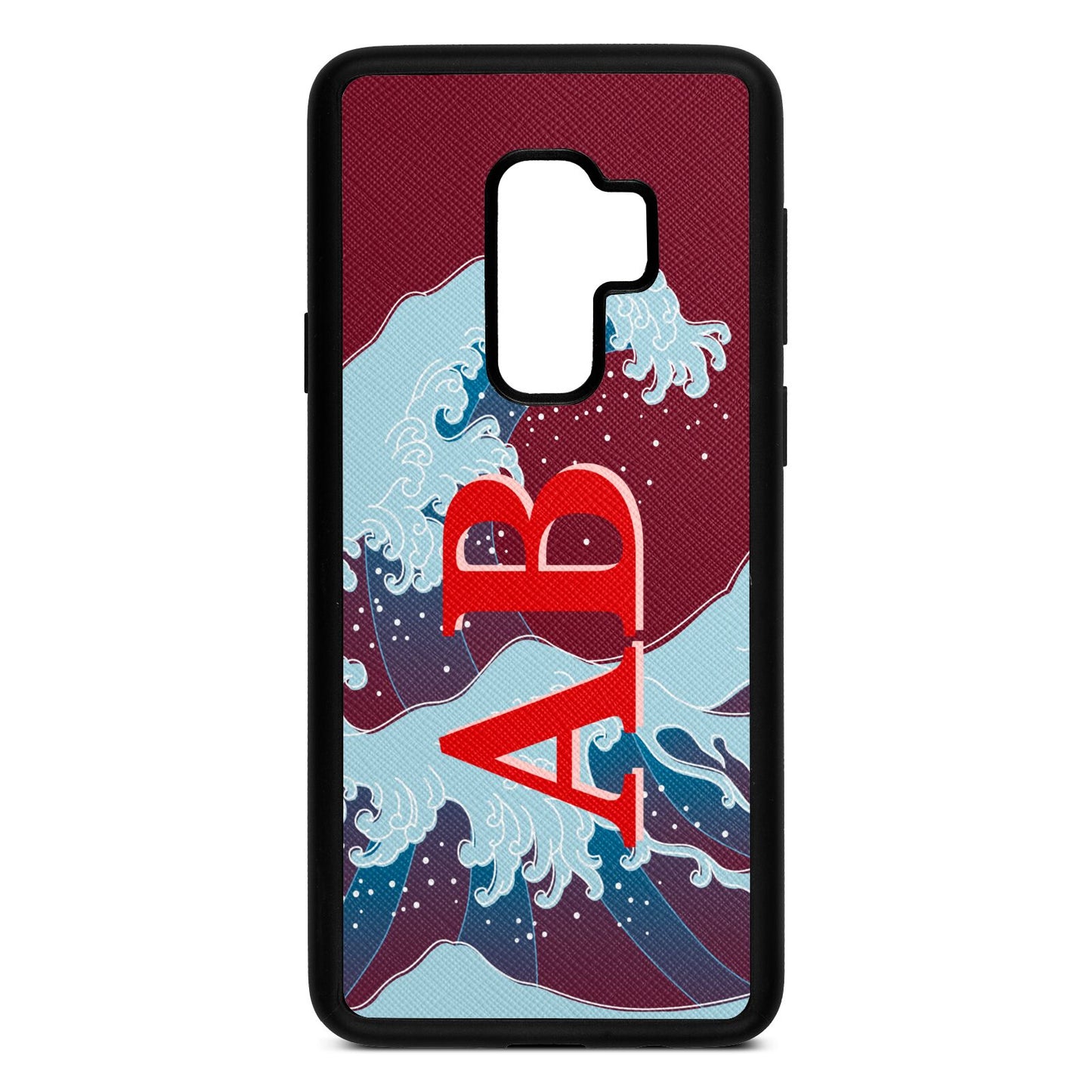 Custom Wave Initials Wine Red Saffiano Leather Samsung S9 Plus Case