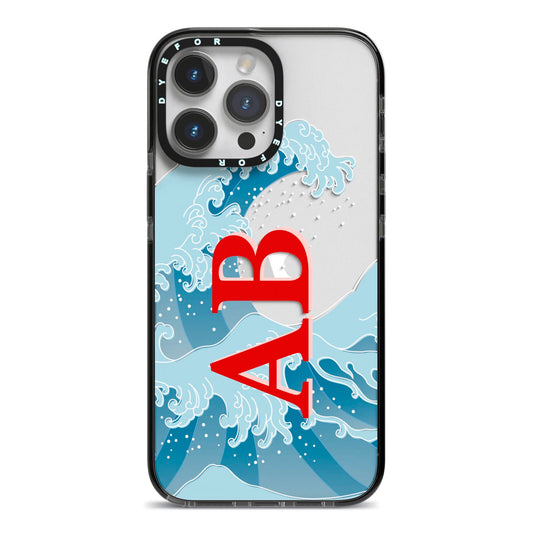 Custom Wave Initials iPhone 14 Pro Max Black Impact Case on Silver phone