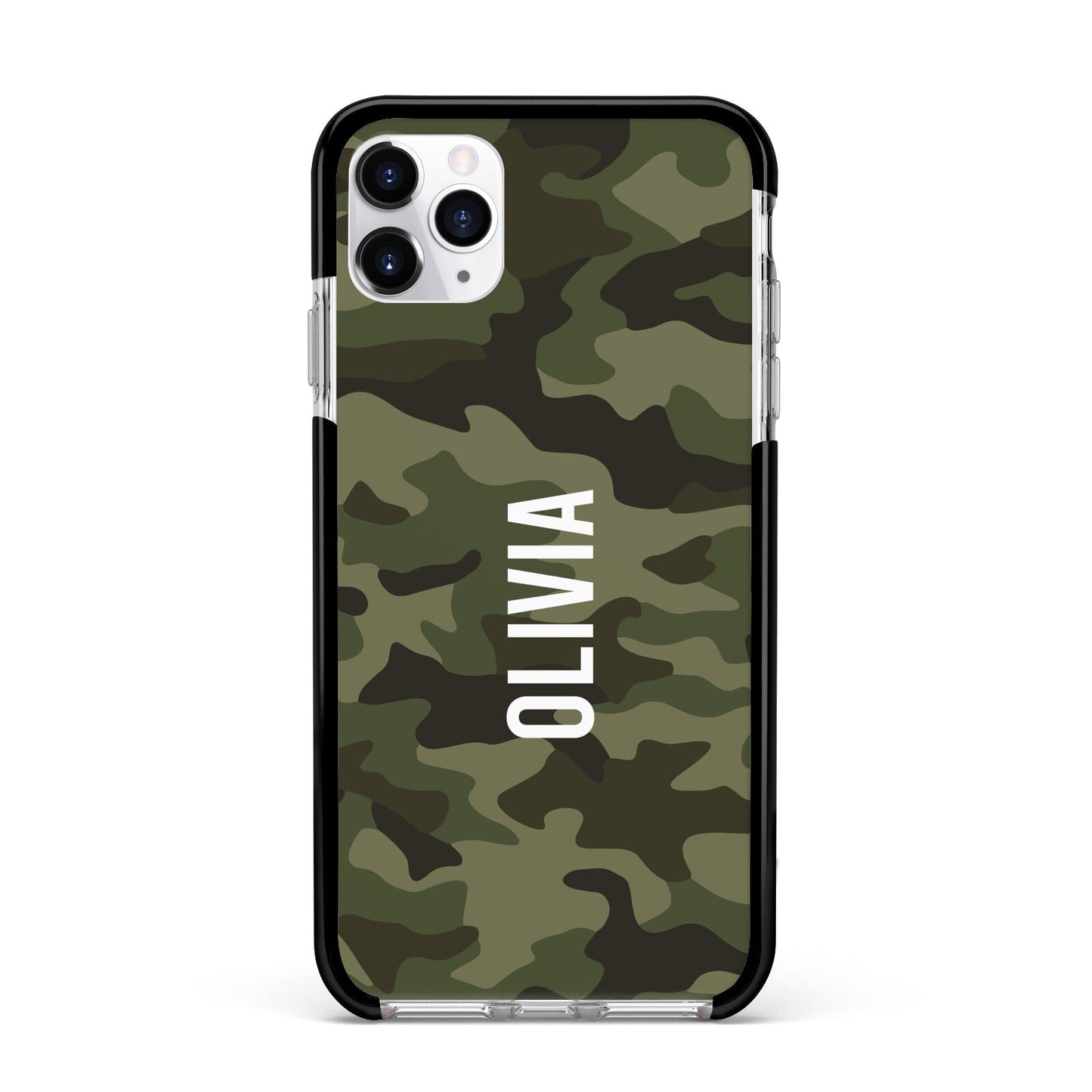 Customised Camouflage Apple iPhone 11 Pro Max in Silver with Black Impact Case