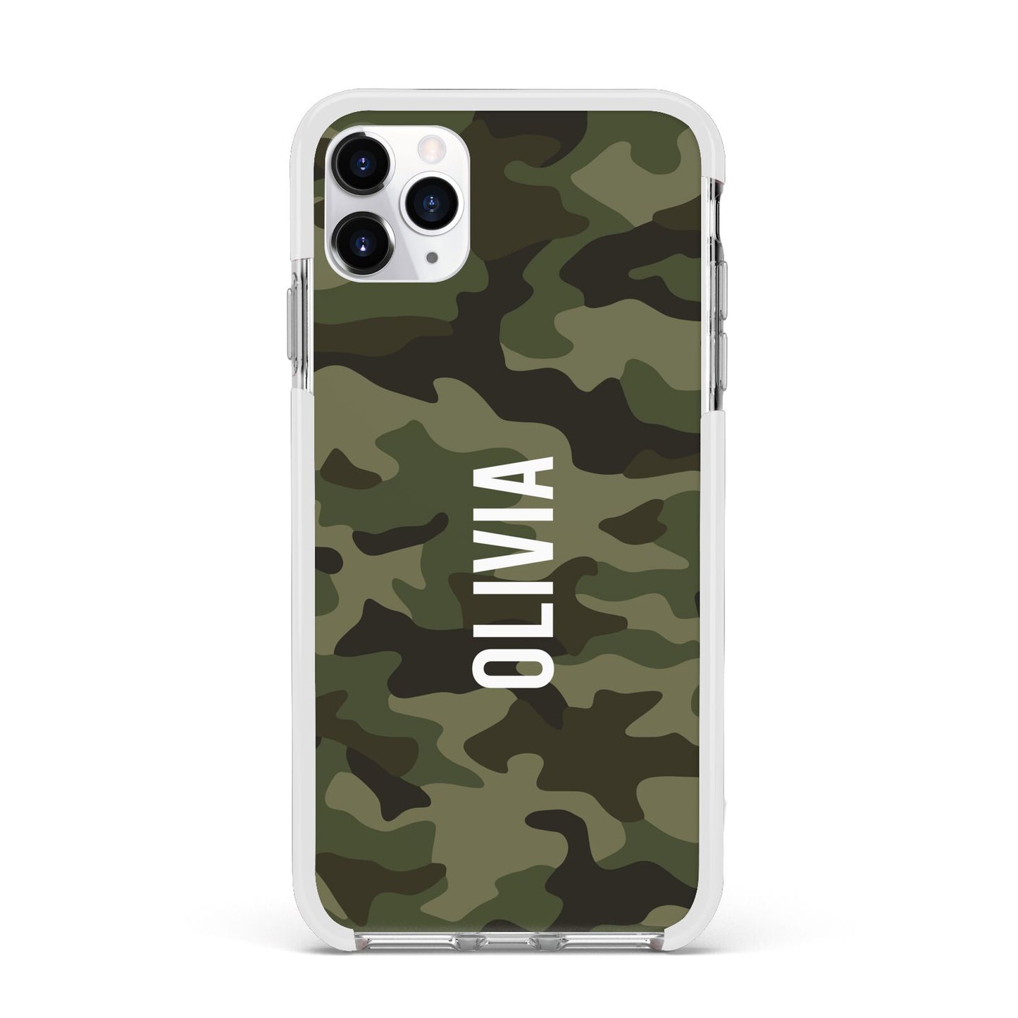 Customised Camouflage Apple iPhone 11 Pro Max in Silver with White Impact Case