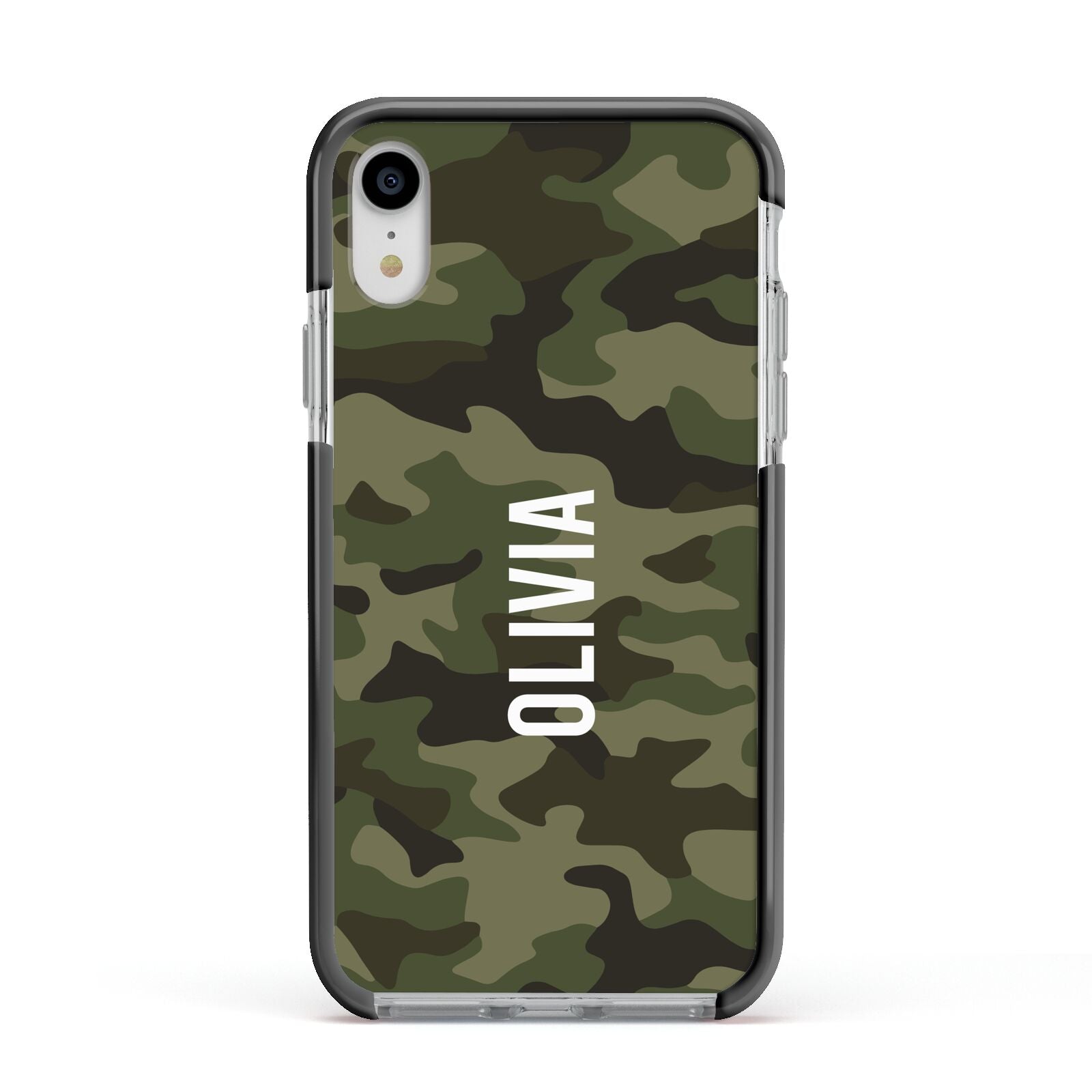 Customised Camouflage Apple iPhone XR Impact Case Black Edge on Silver Phone