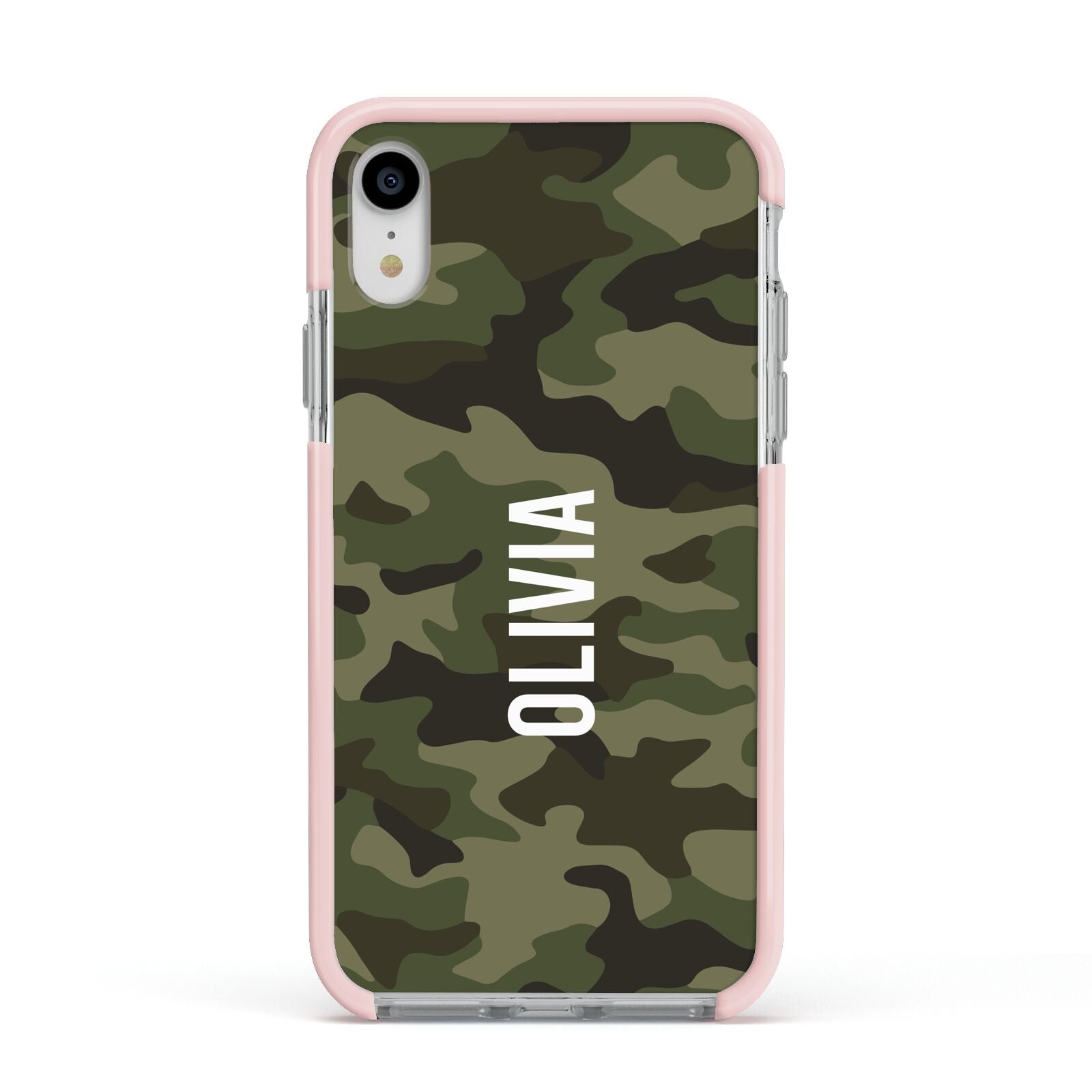 Customised Camouflage Apple iPhone XR Impact Case Pink Edge on Silver Phone