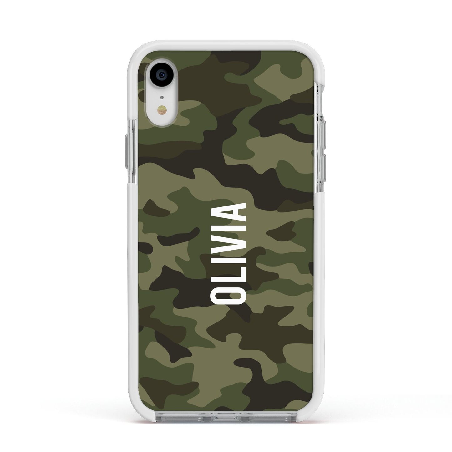 Customised Camouflage Apple iPhone XR Impact Case White Edge on Silver Phone