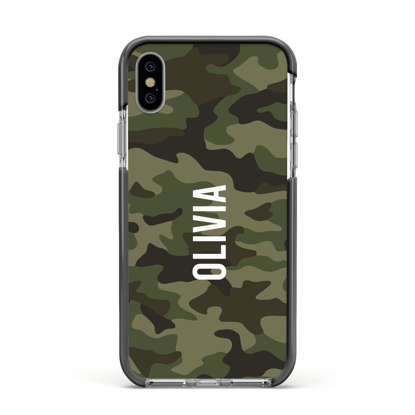 Customised Camouflage Apple iPhone Xs Impact Case Black Edge on Silver Phone