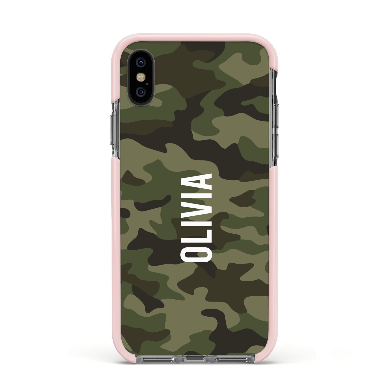 Customised Camouflage Apple iPhone Xs Impact Case Pink Edge on Black Phone