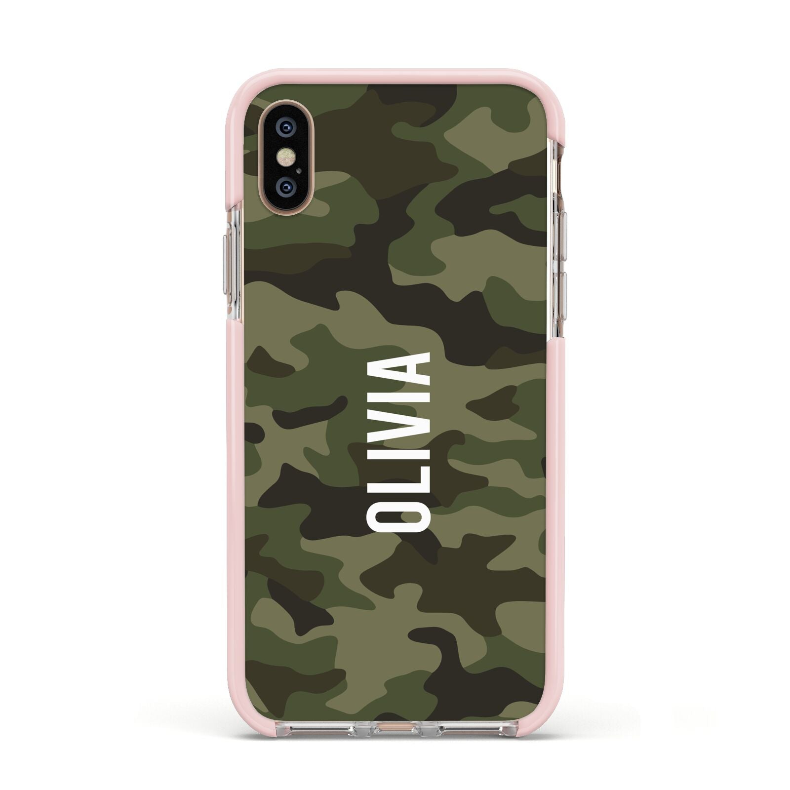 Customised Camouflage Apple iPhone Xs Impact Case Pink Edge on Gold Phone