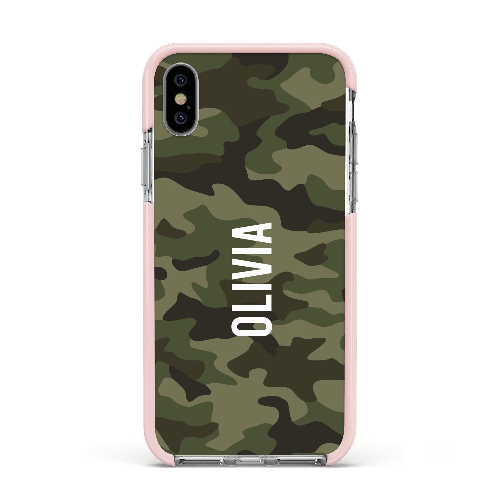 Customised Camouflage Apple iPhone Xs Impact Case Pink Edge on Silver Phone