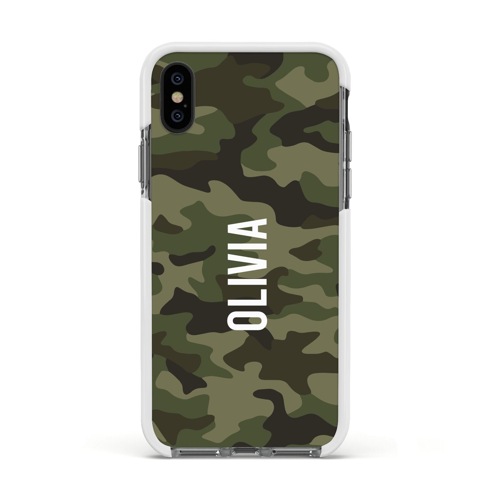 Customised Camouflage Apple iPhone Xs Impact Case White Edge on Black Phone