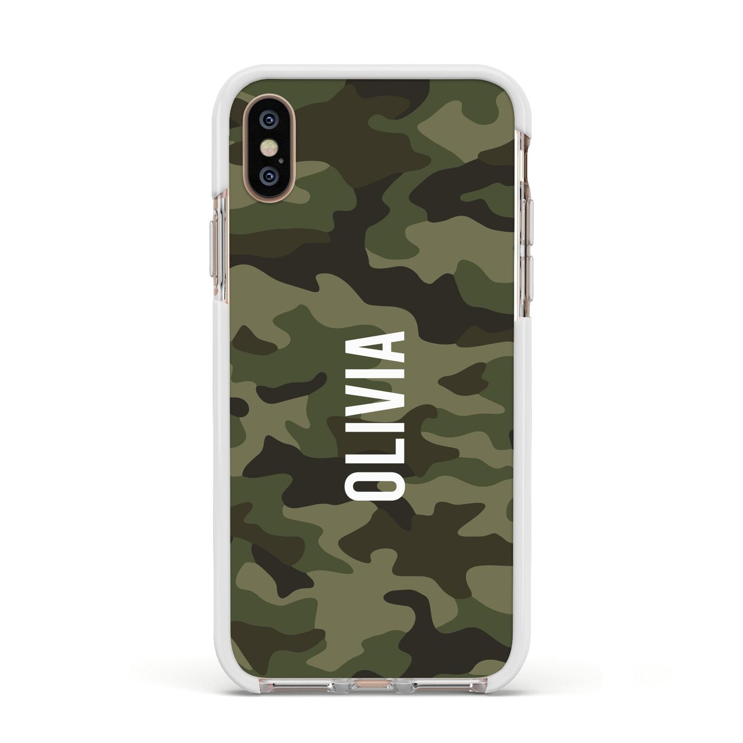 Customised Camouflage Apple iPhone Xs Impact Case White Edge on Gold Phone