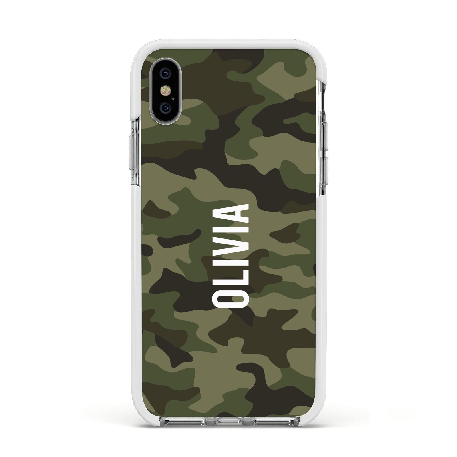 Customised Camouflage Apple iPhone Xs Impact Case White Edge on Silver Phone