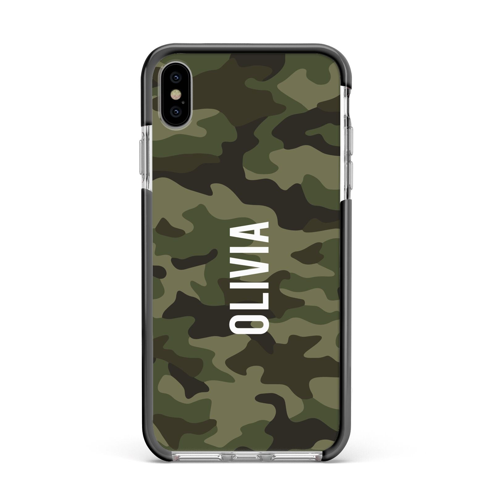 Customised Camouflage Apple iPhone Xs Max Impact Case Black Edge on Silver Phone