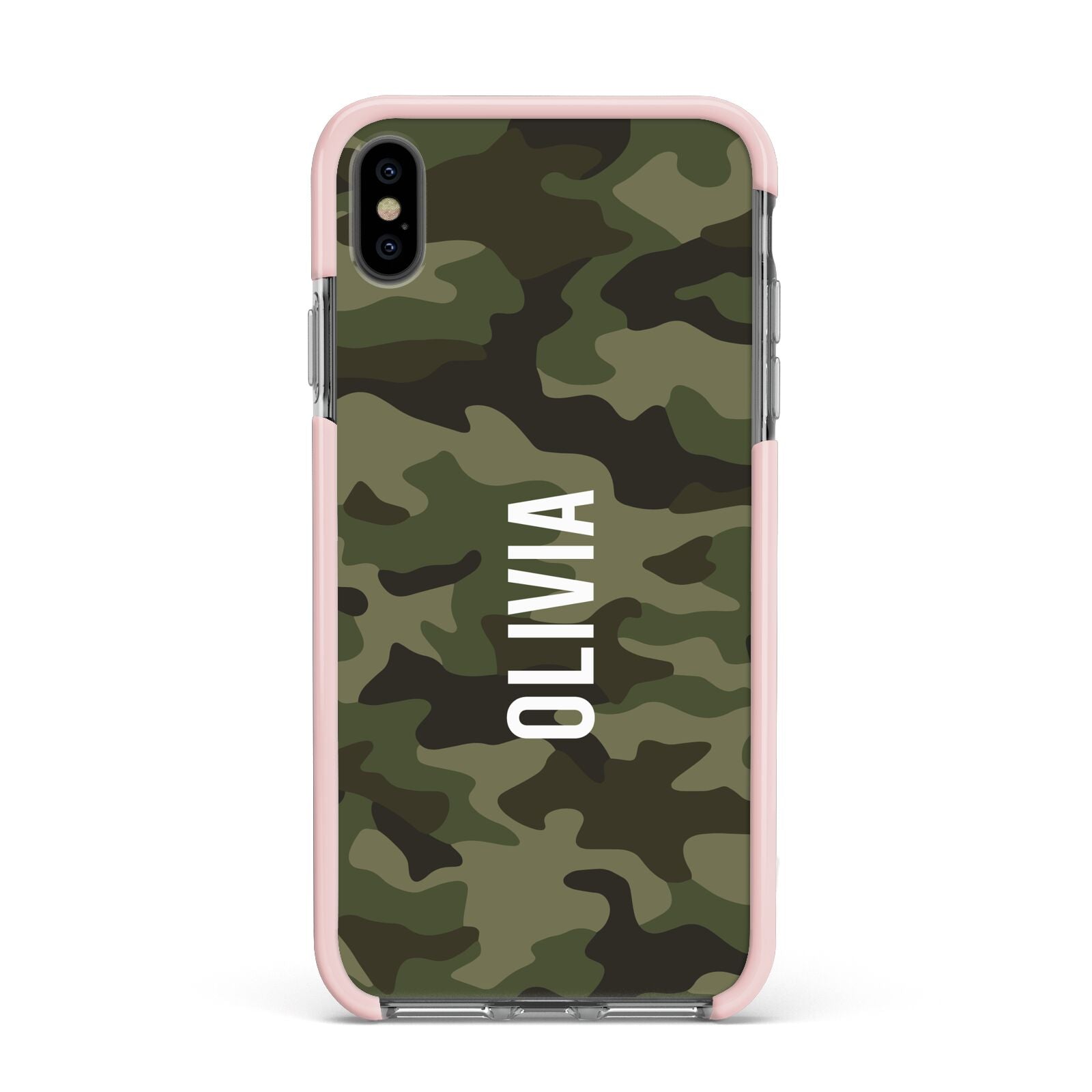 Customised Camouflage Apple iPhone Xs Max Impact Case Pink Edge on Black Phone