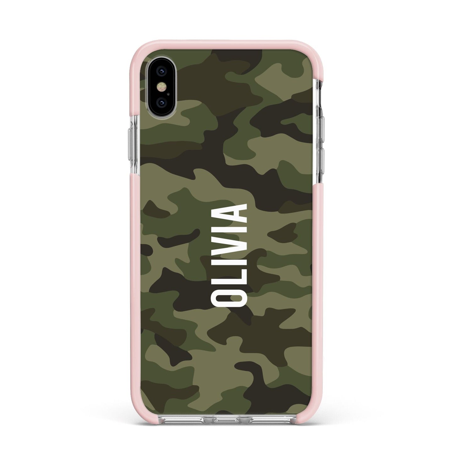 Customised Camouflage Apple iPhone Xs Max Impact Case Pink Edge on Silver Phone