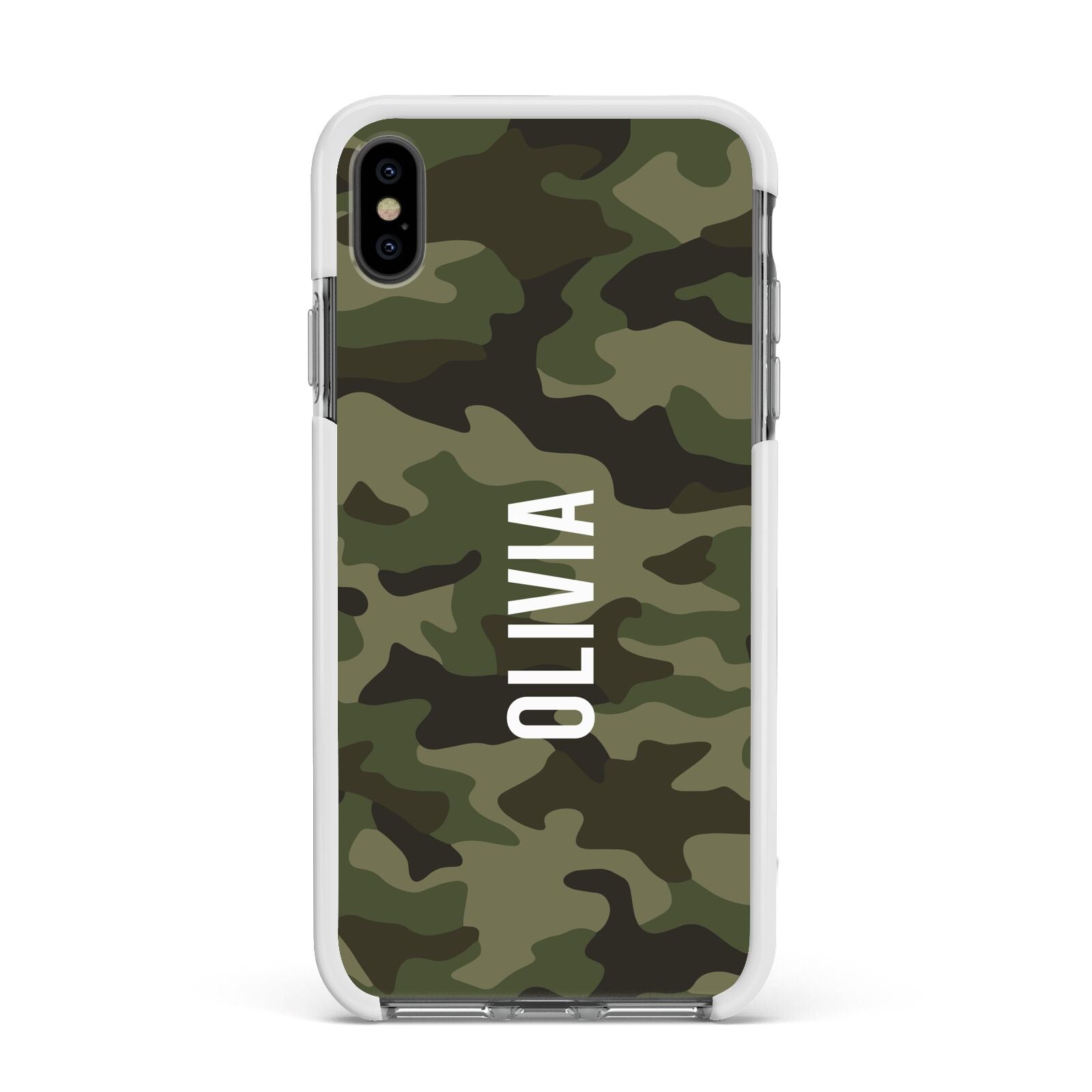 Customised Camouflage Apple iPhone Xs Max Impact Case White Edge on Black Phone