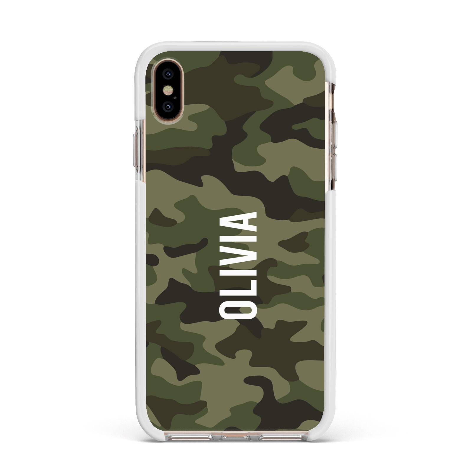 Customised Camouflage Apple iPhone Xs Max Impact Case White Edge on Gold Phone