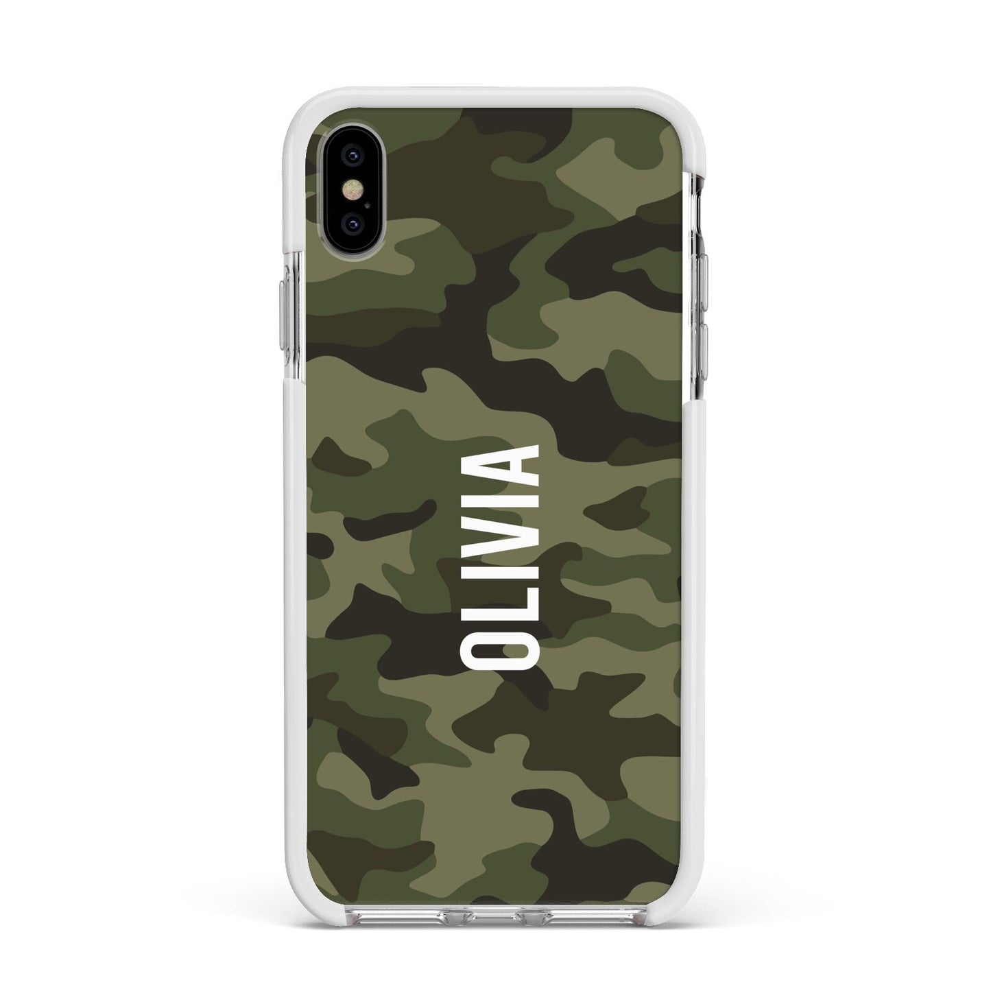 Customised Camouflage Apple iPhone Xs Max Impact Case White Edge on Silver Phone