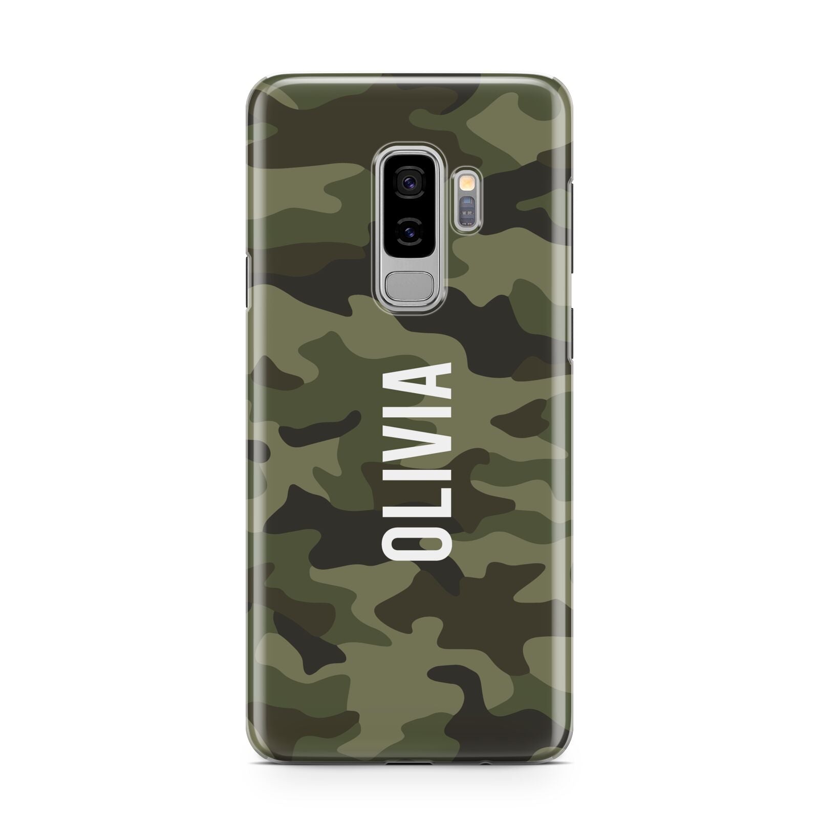 Customised Camouflage Samsung Galaxy S9 Plus Case on Silver phone