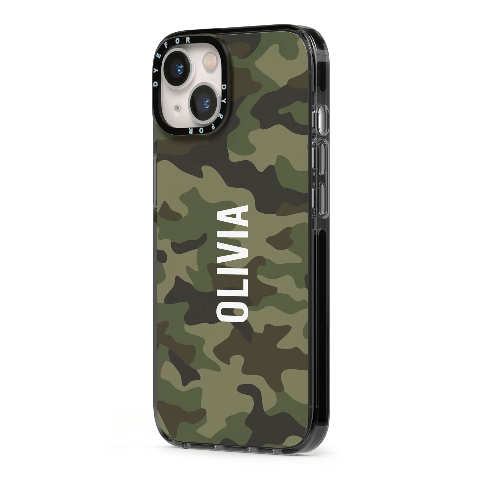 Customised Camouflage iPhone 13 Black Impact Case Side Angle on Silver phone