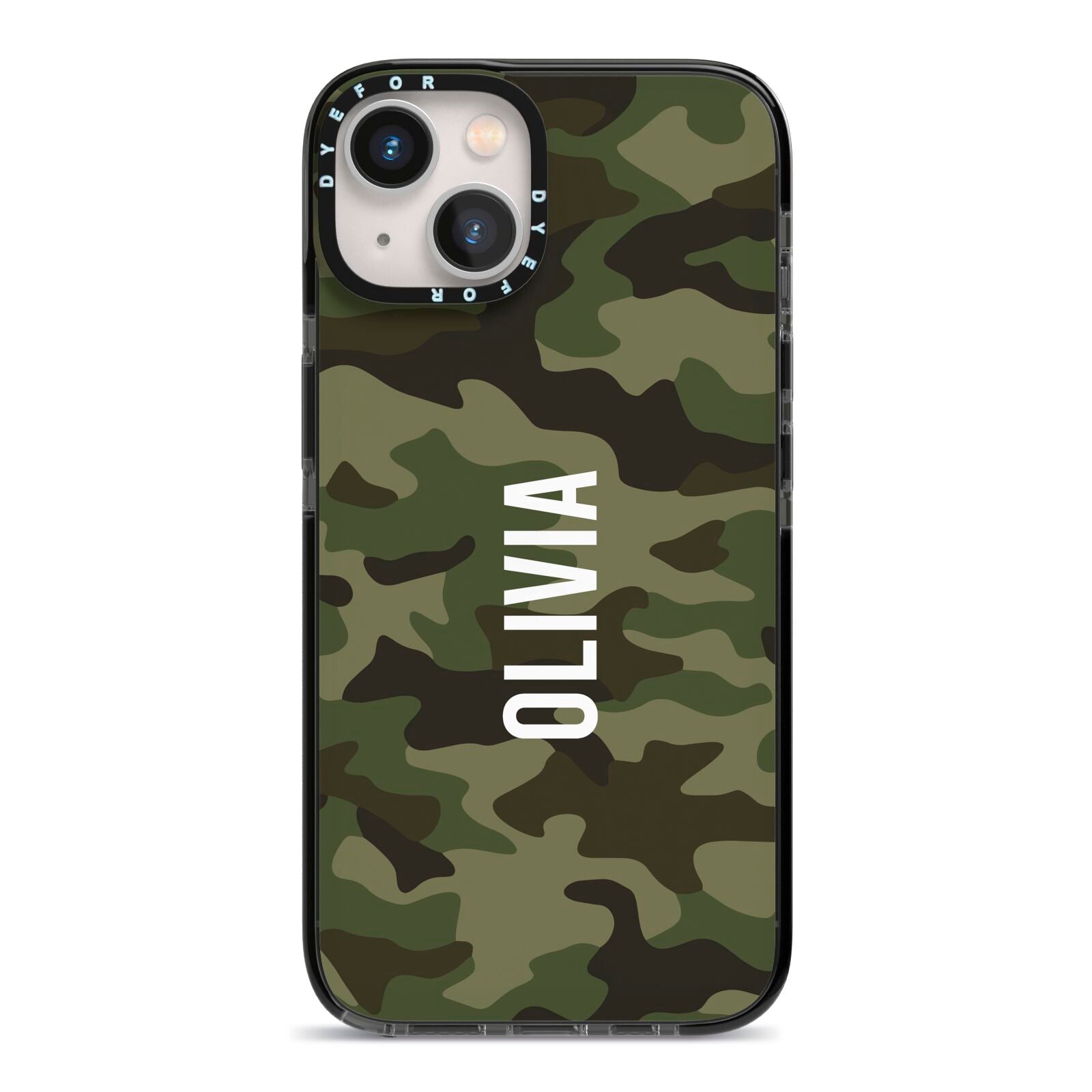 Customised Camouflage iPhone 13 Black Impact Case on Silver phone