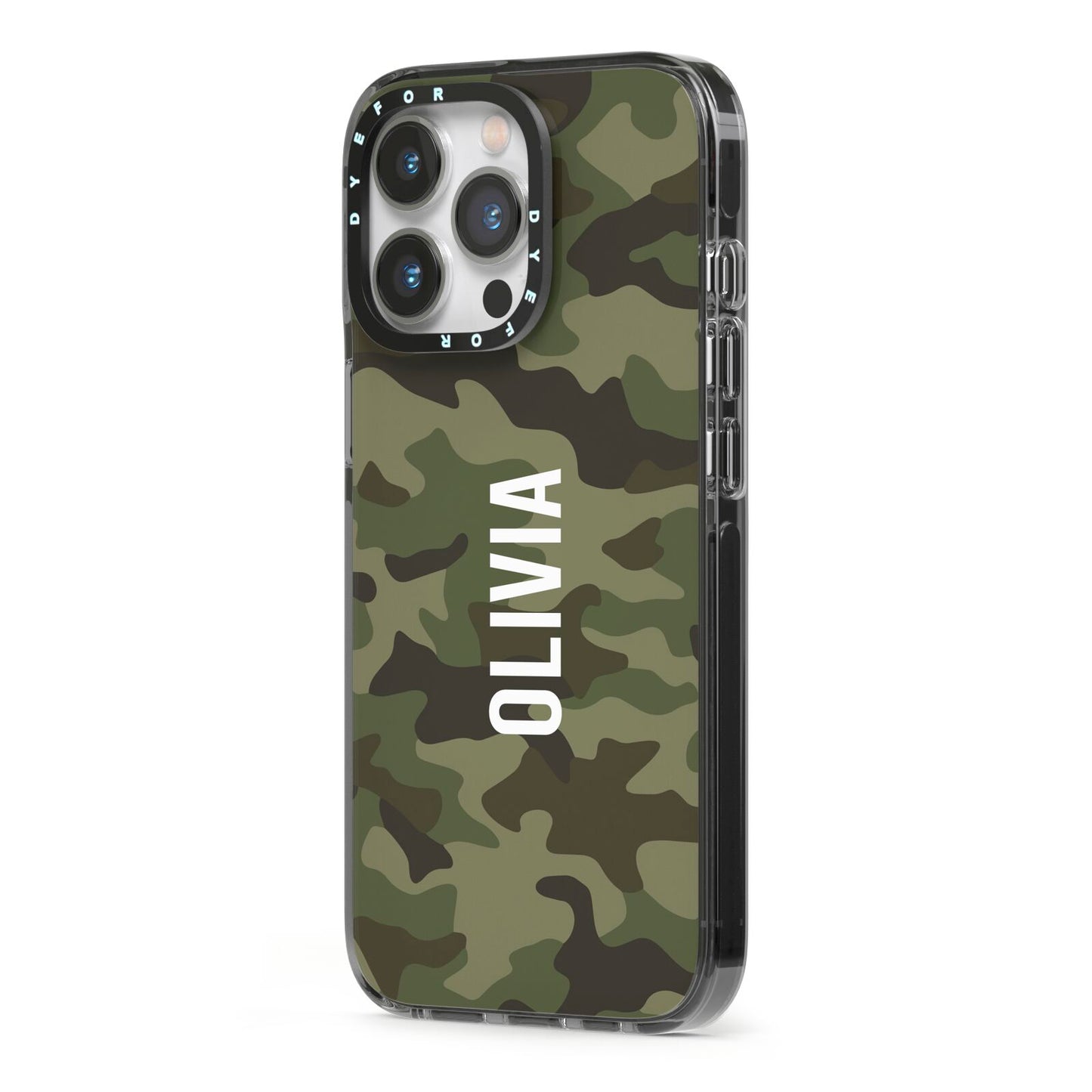 Customised Camouflage iPhone 13 Pro Black Impact Case Side Angle on Silver phone