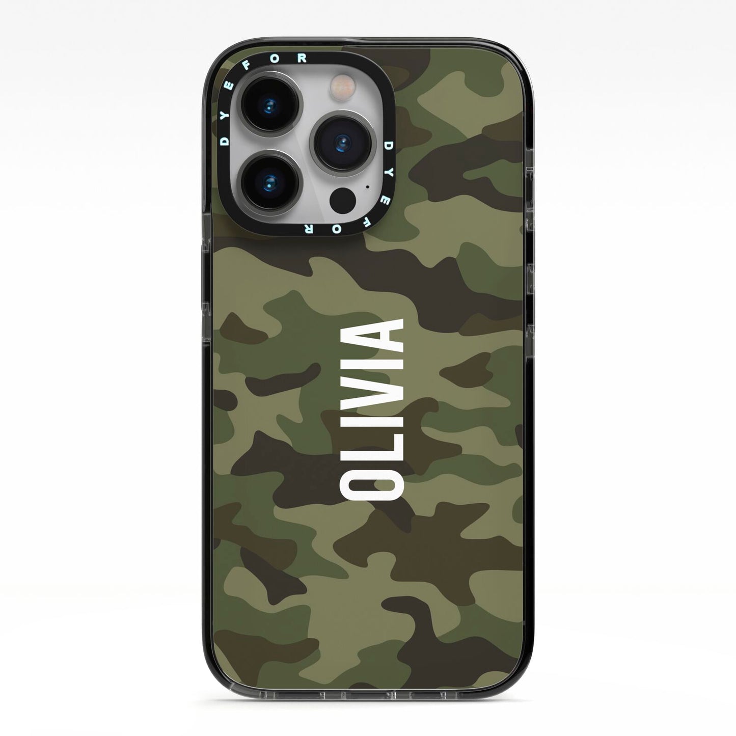 Customised Camouflage iPhone 13 Pro Black Impact Case on Silver phone