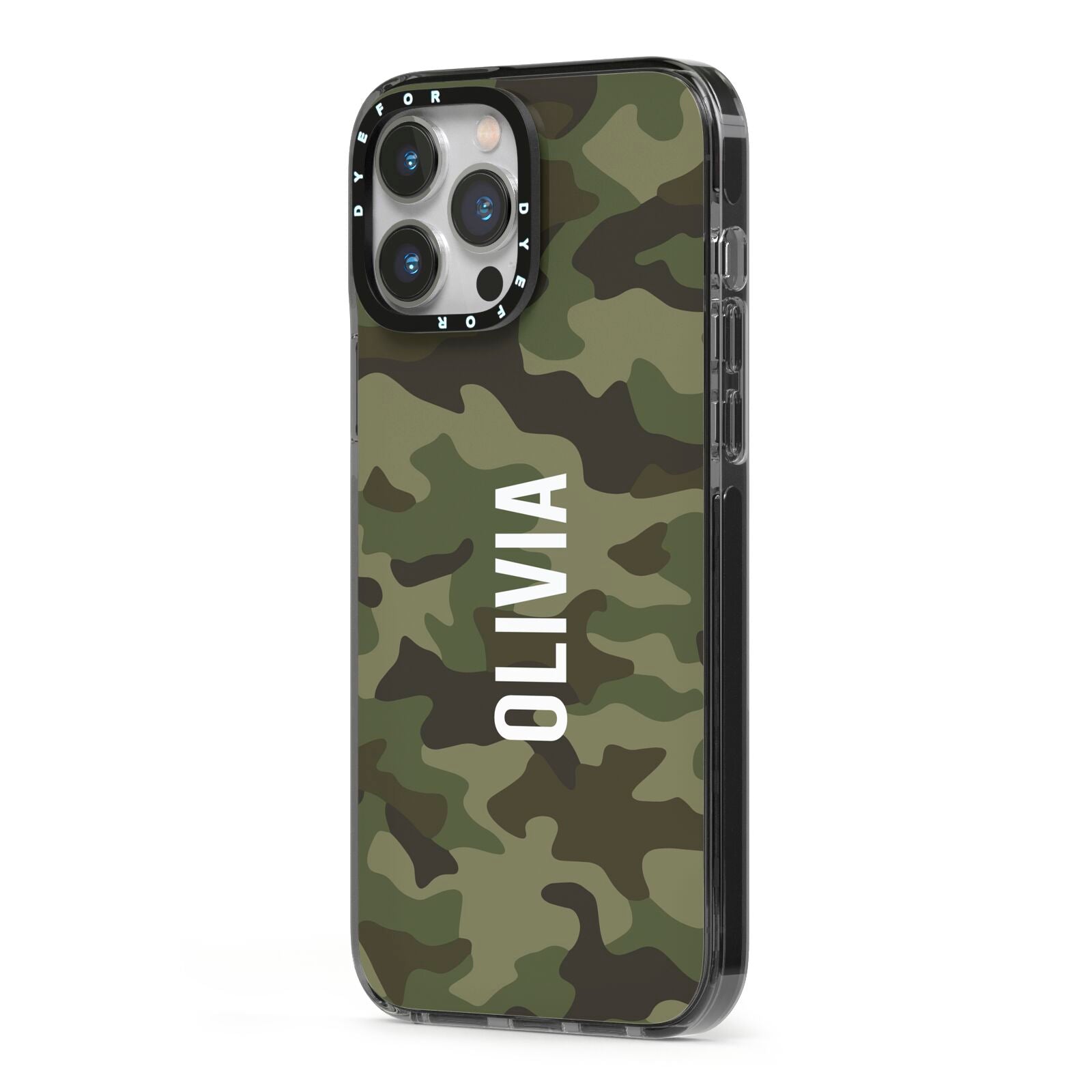 Customised Camouflage iPhone 13 Pro Max Black Impact Case Side Angle on Silver phone