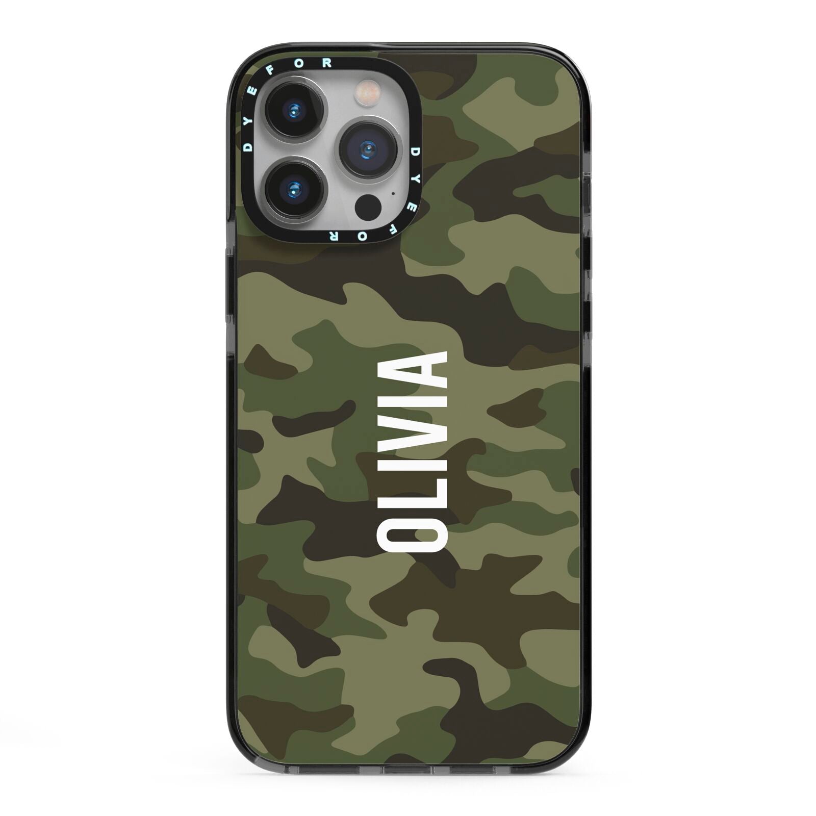 Customised Camouflage iPhone 13 Pro Max Black Impact Case on Silver phone