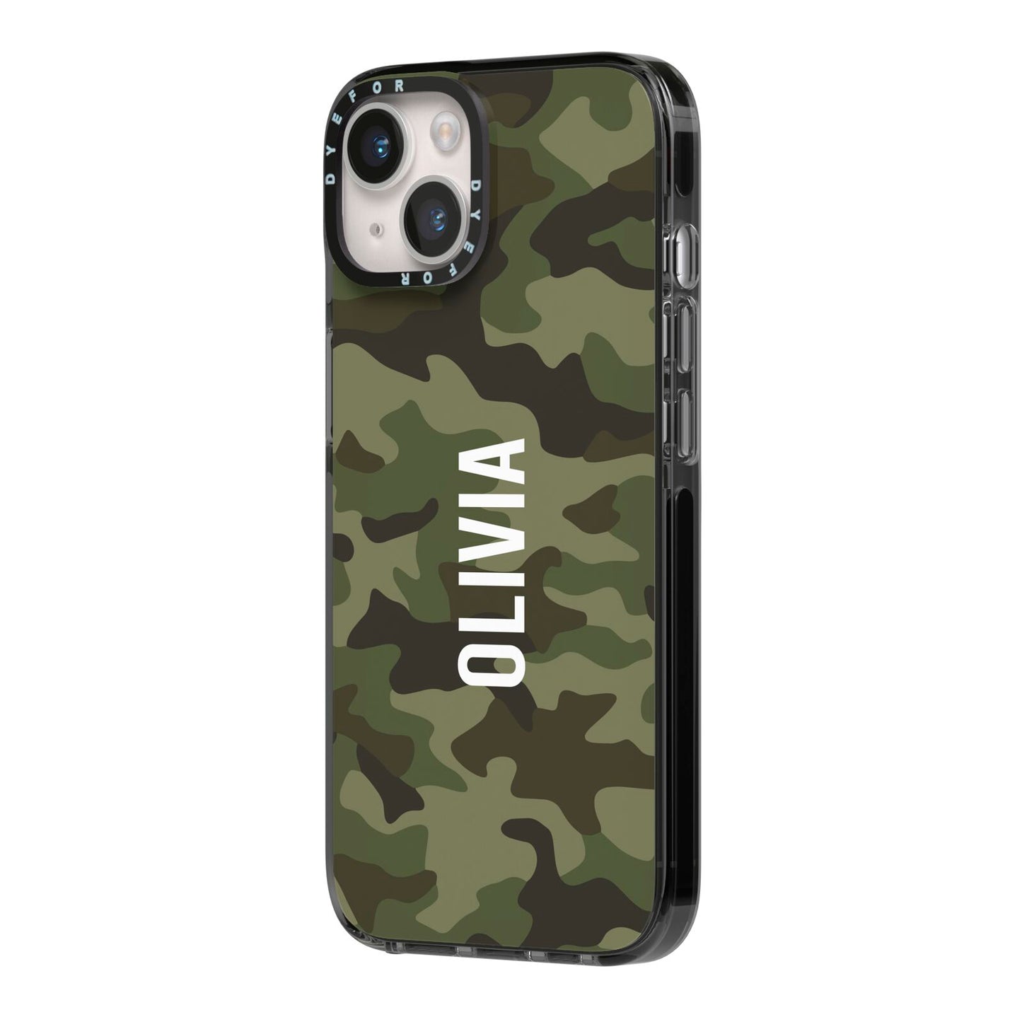 Customised Camouflage iPhone 14 Black Impact Case Side Angle on Silver phone