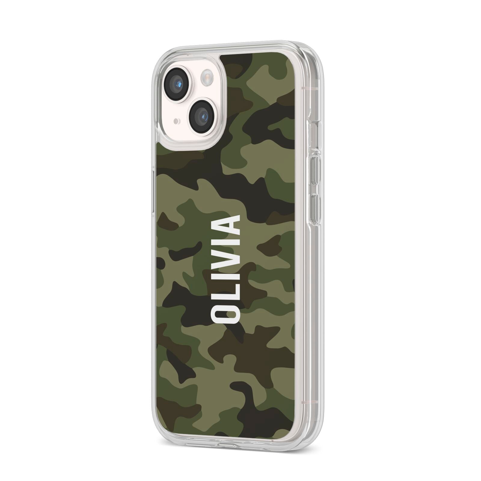 Customised Camouflage iPhone 14 Clear Tough Case Starlight Angled Image