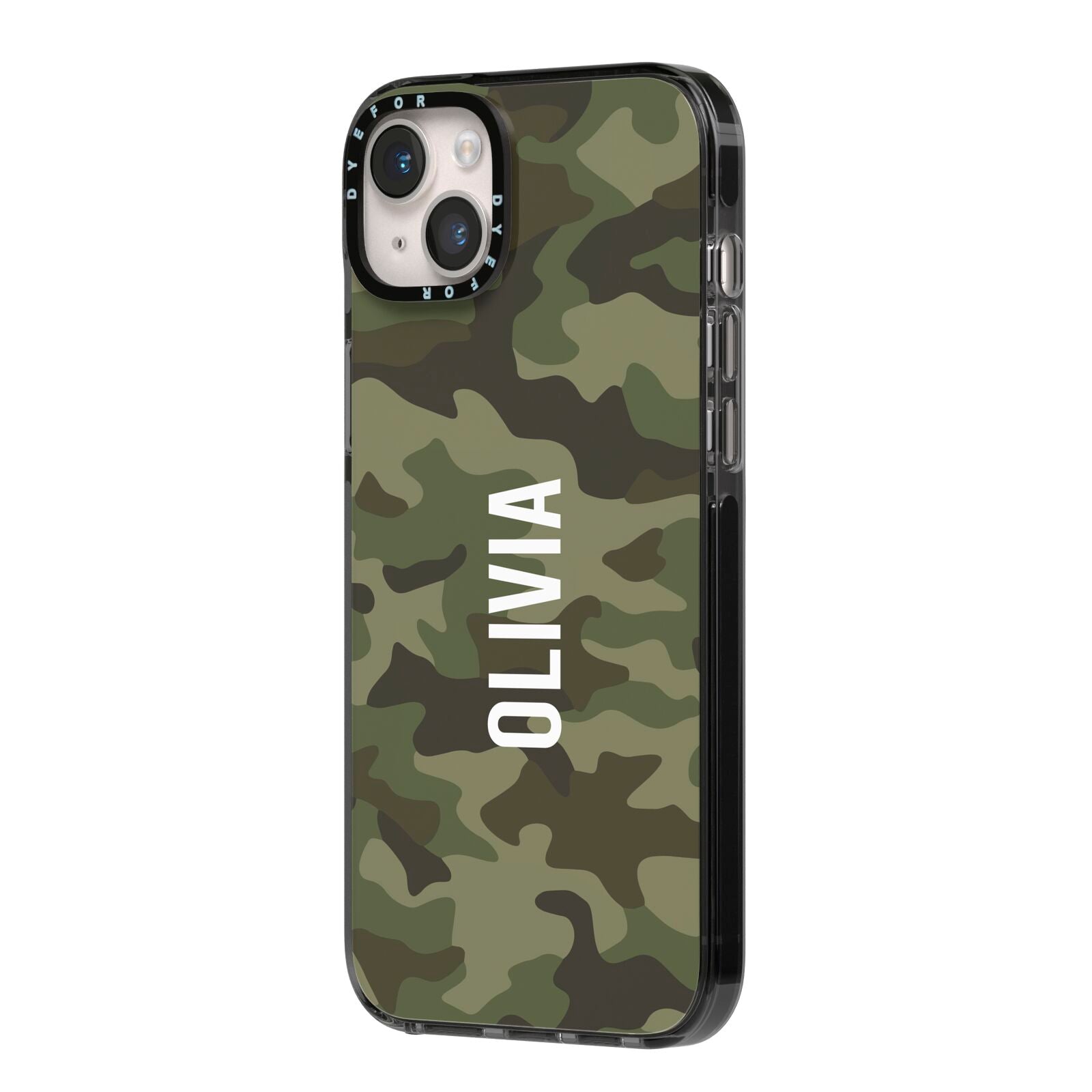 Customised Camouflage iPhone 14 Plus Black Impact Case Side Angle on Silver phone