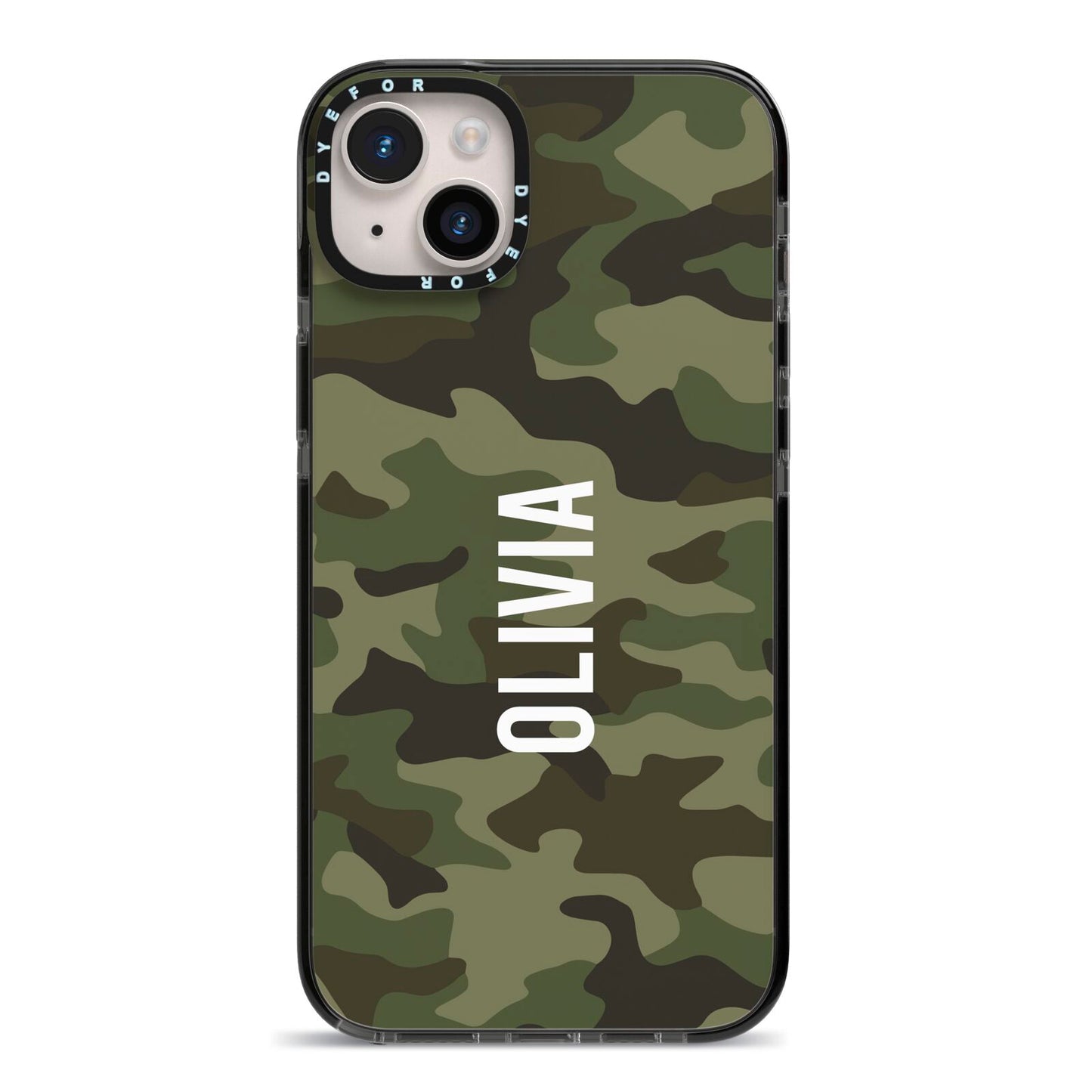 Customised Camouflage iPhone 14 Plus Black Impact Case on Silver phone