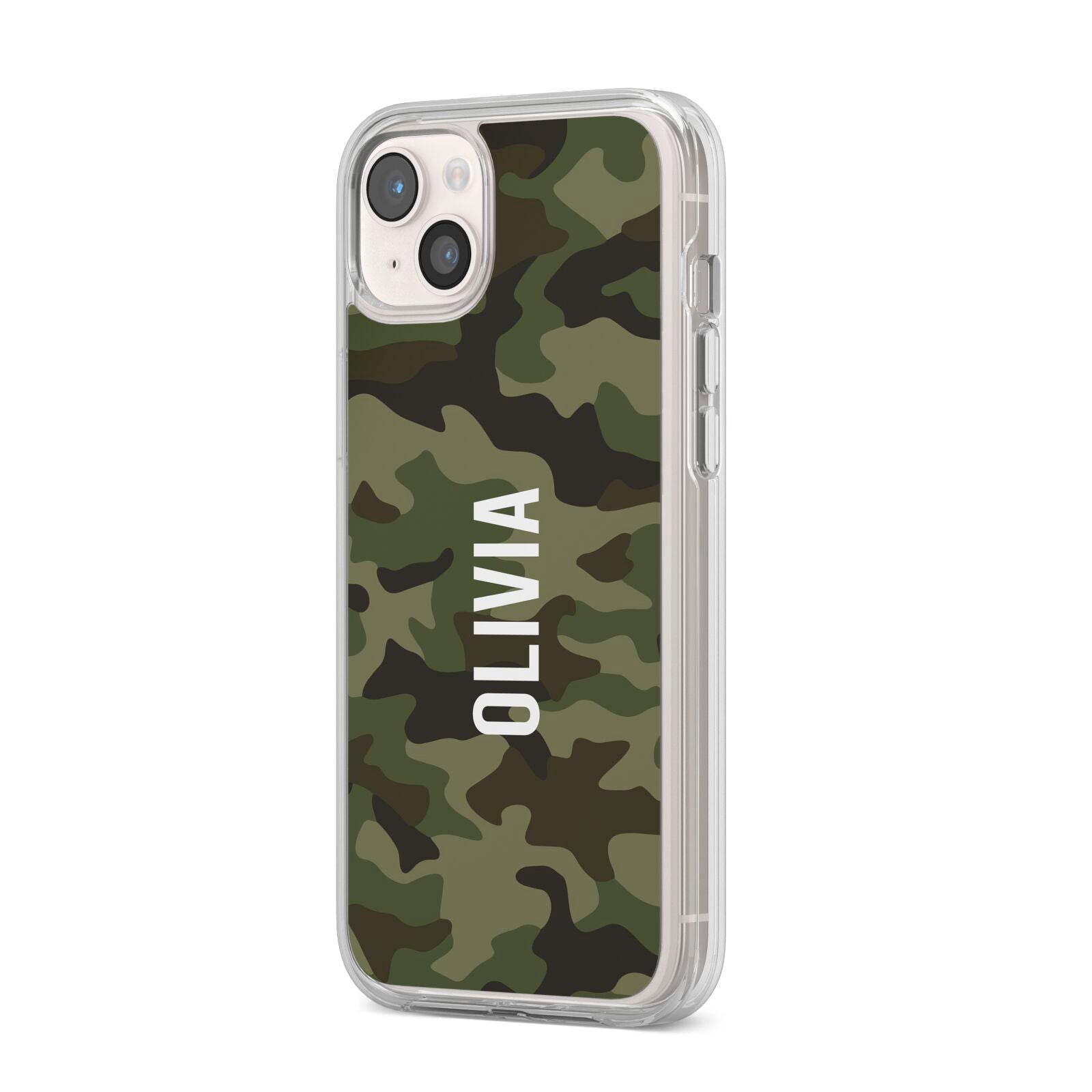 Customised Camouflage iPhone 14 Plus Clear Tough Case Starlight Angled Image