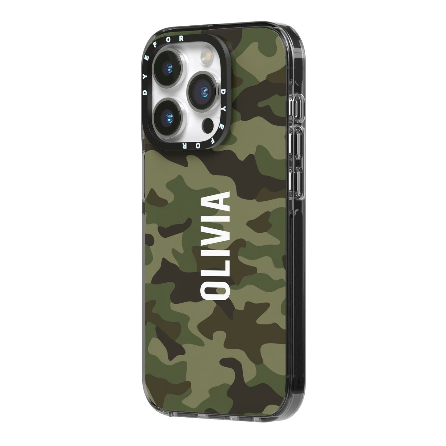 Customised Camouflage iPhone 14 Pro Black Impact Case Side Angle on Silver phone