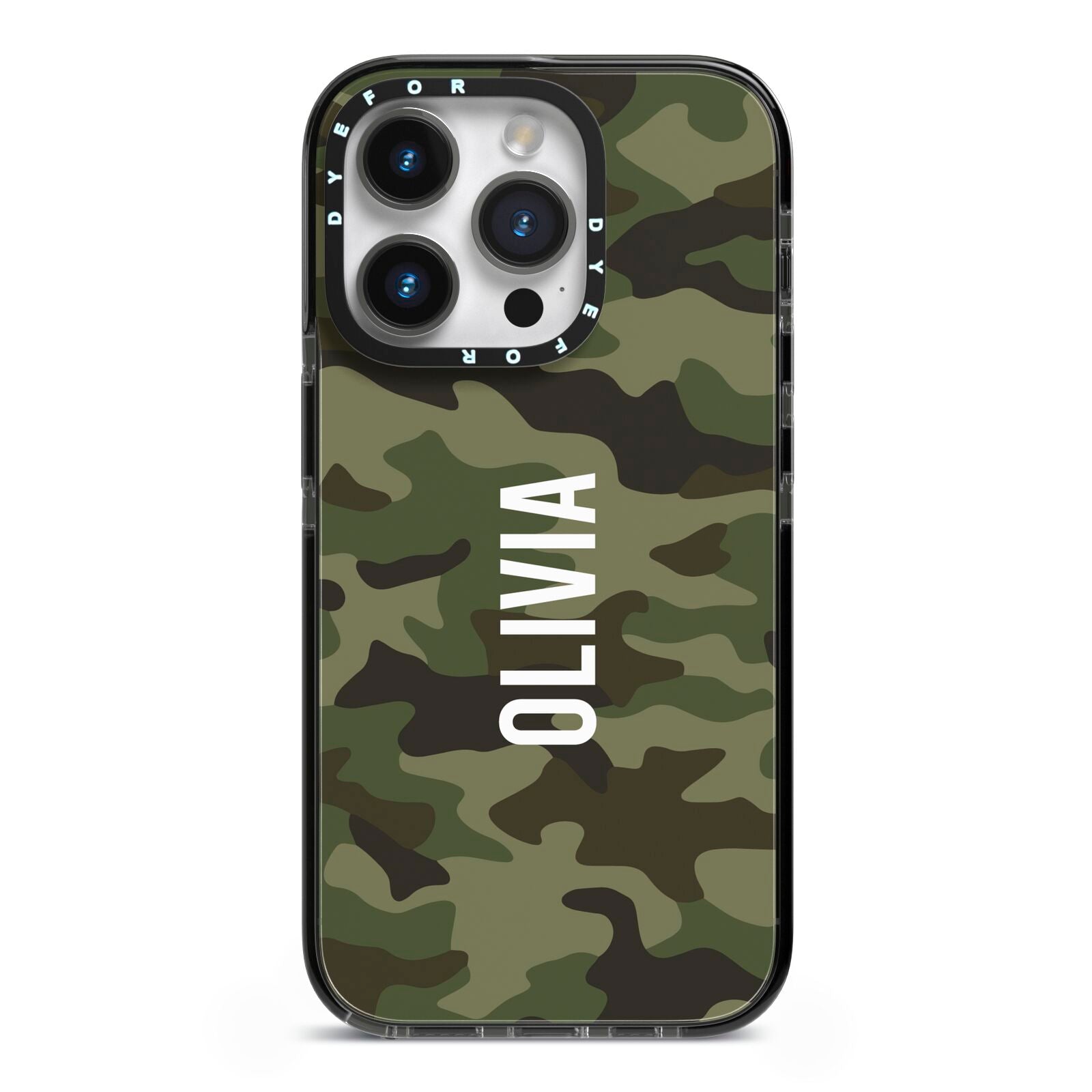 Customised Camouflage iPhone 14 Pro Black Impact Case on Silver phone