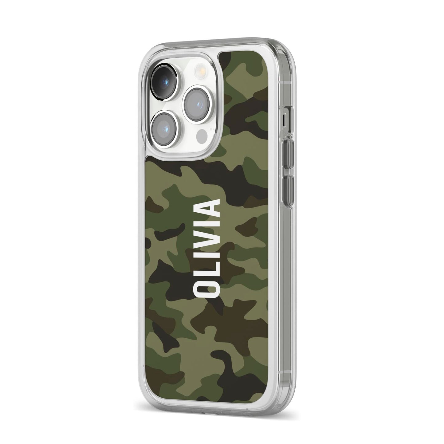 Customised Camouflage iPhone 14 Pro Clear Tough Case Silver Angled Image