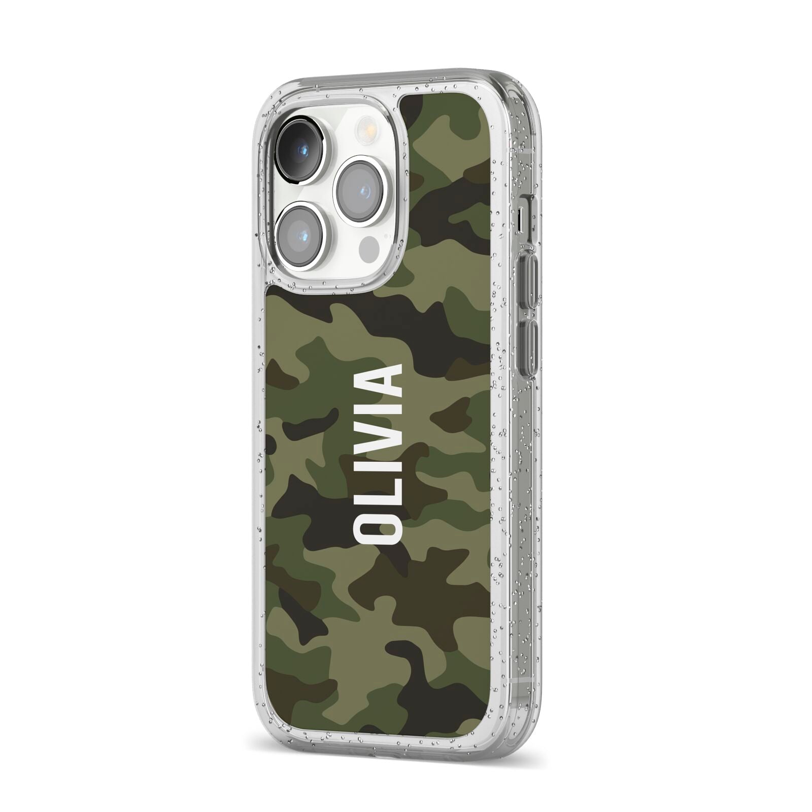 Customised Camouflage iPhone 14 Pro Glitter Tough Case Silver Angled Image