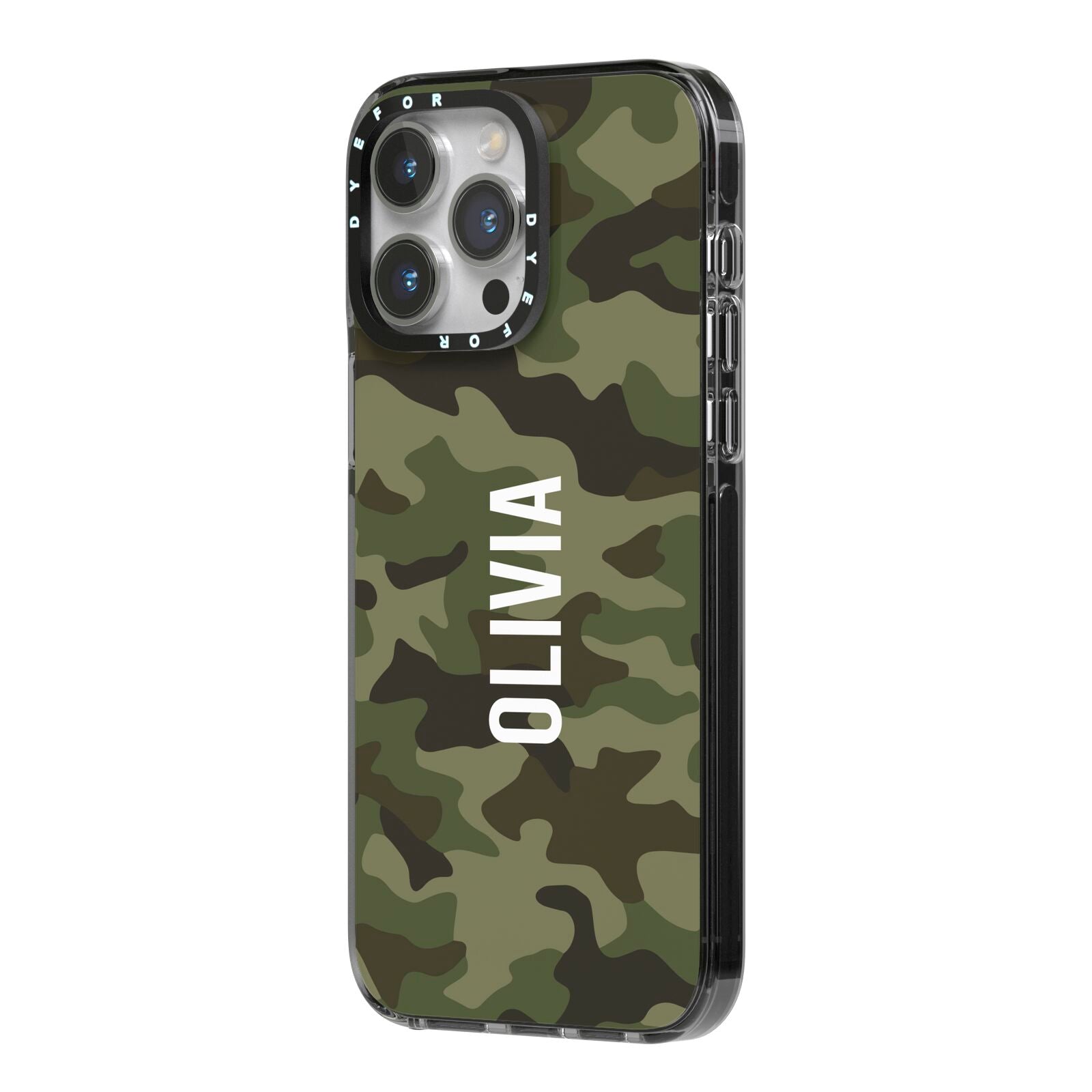 Customised Camouflage iPhone 14 Pro Max Black Impact Case Side Angle on Silver phone