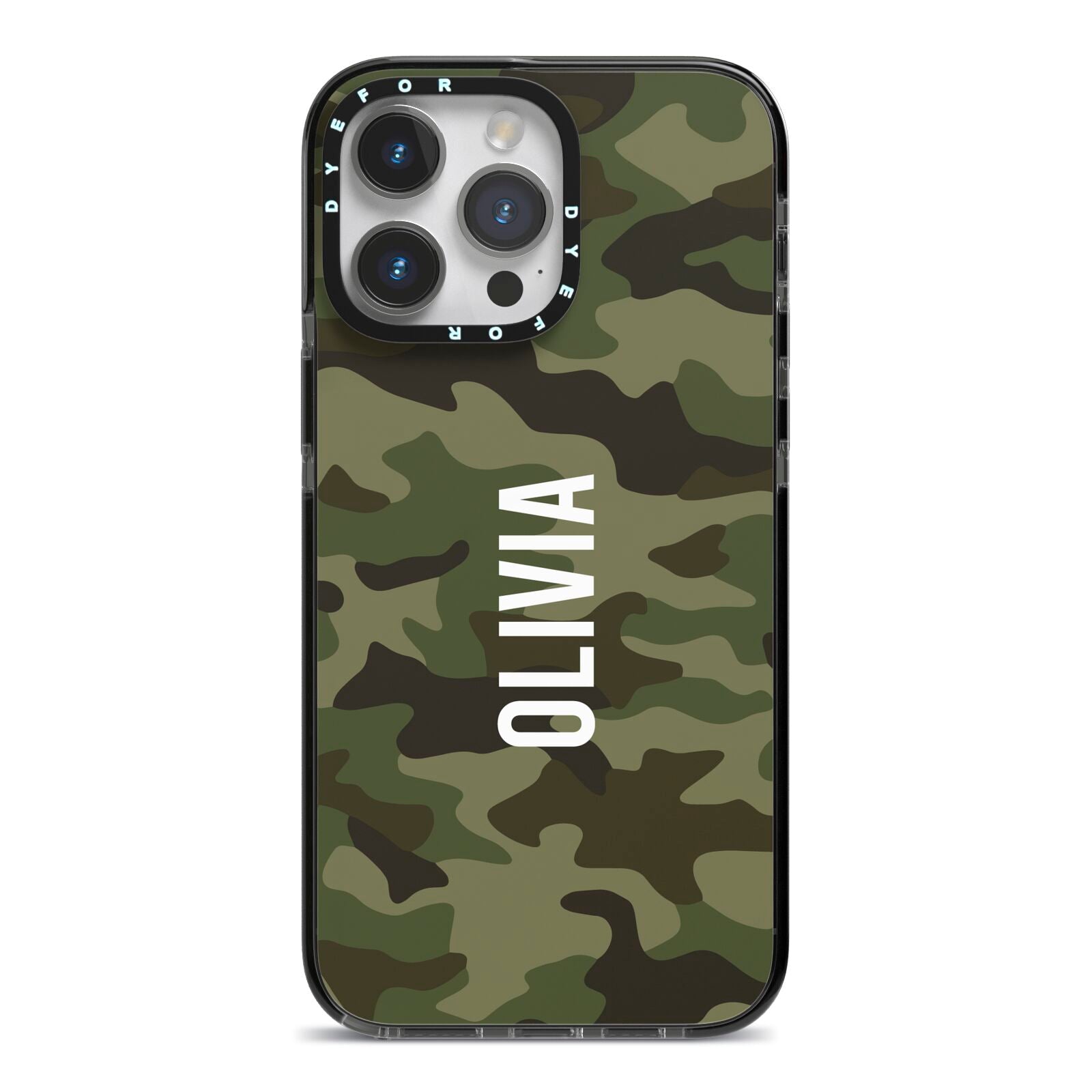 Customised Camouflage iPhone 14 Pro Max Black Impact Case on Silver phone