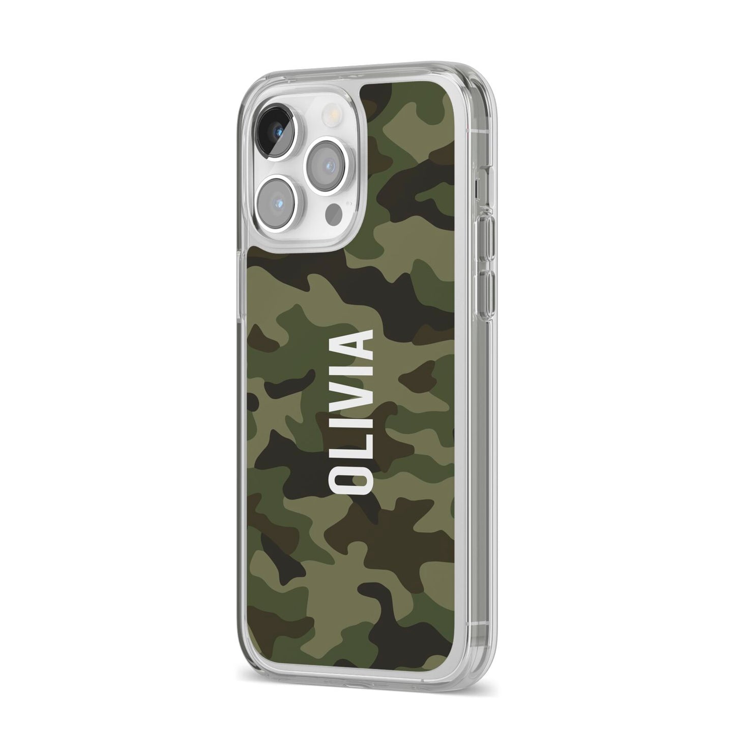 Customised Camouflage iPhone 14 Pro Max Clear Tough Case Silver Angled Image