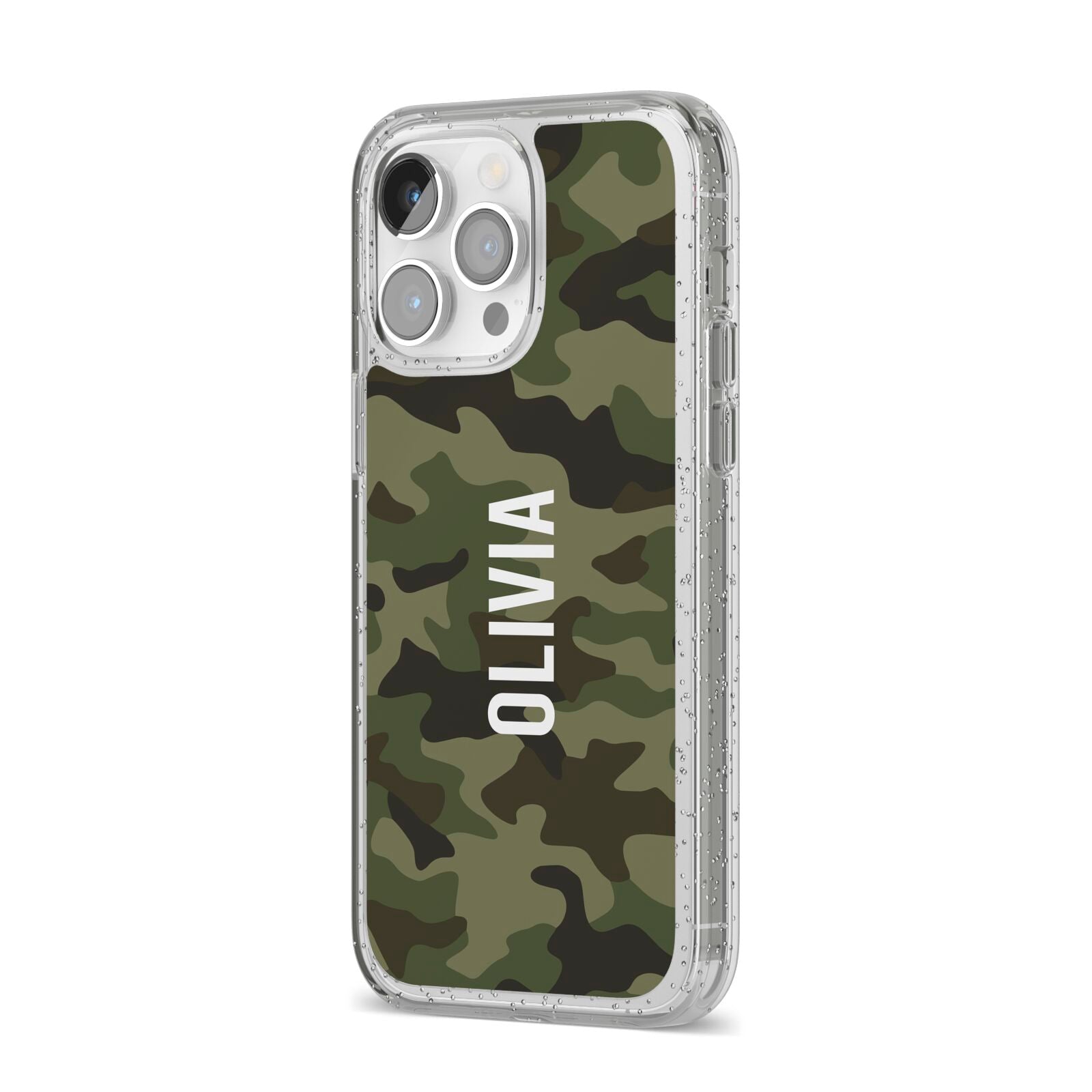 Customised Camouflage iPhone 14 Pro Max Glitter Tough Case Silver Angled Image