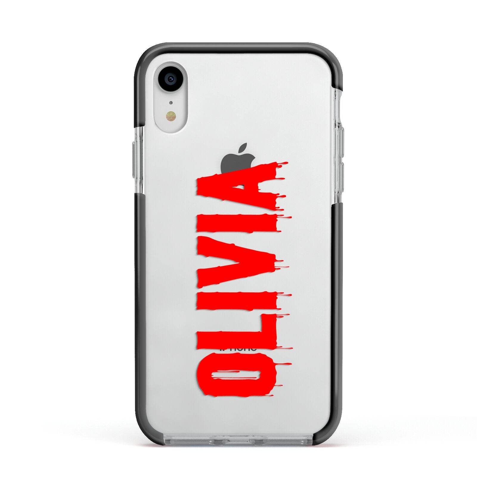 Customised Name Blood Apple iPhone XR Impact Case Black Edge on Silver Phone